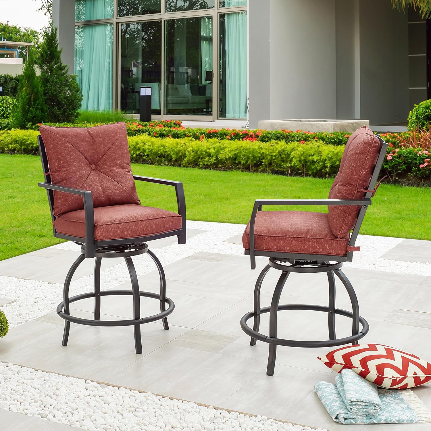 LOKATSE Home 2 PCS Outdoor Patio Bar Height Swivel Chairs with Seat and Back Cushions, for Backyard, Garden, Bistro, Deck, Poolside