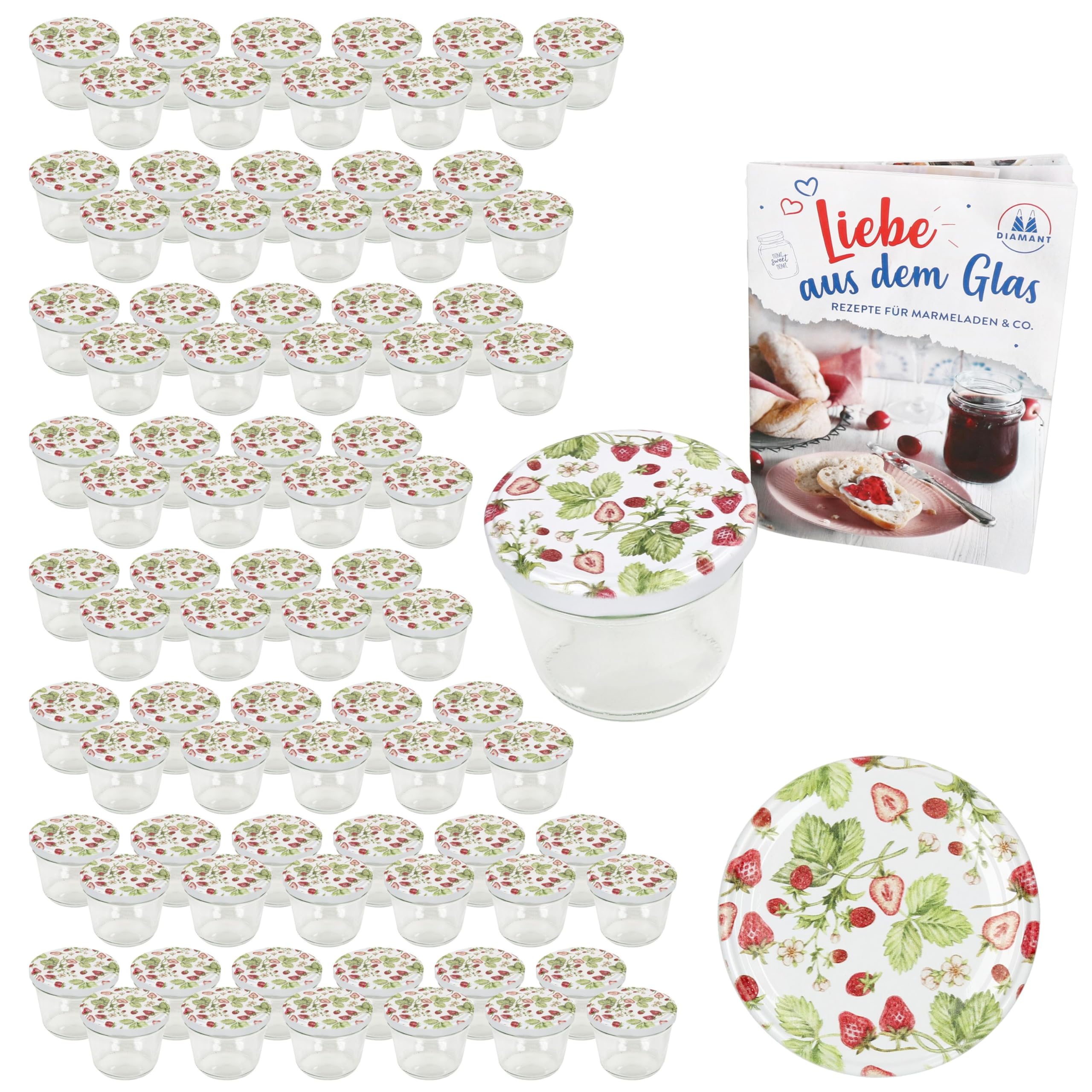 MamboCat 100er Set Sturzglas 230 ml mit Schraub-Deckel Wald-Erdbeere I Einmachgläser + to 82 Deckel mit Diamant-Zucker-Rezept I Vorratsgläser einkochen & konservieren