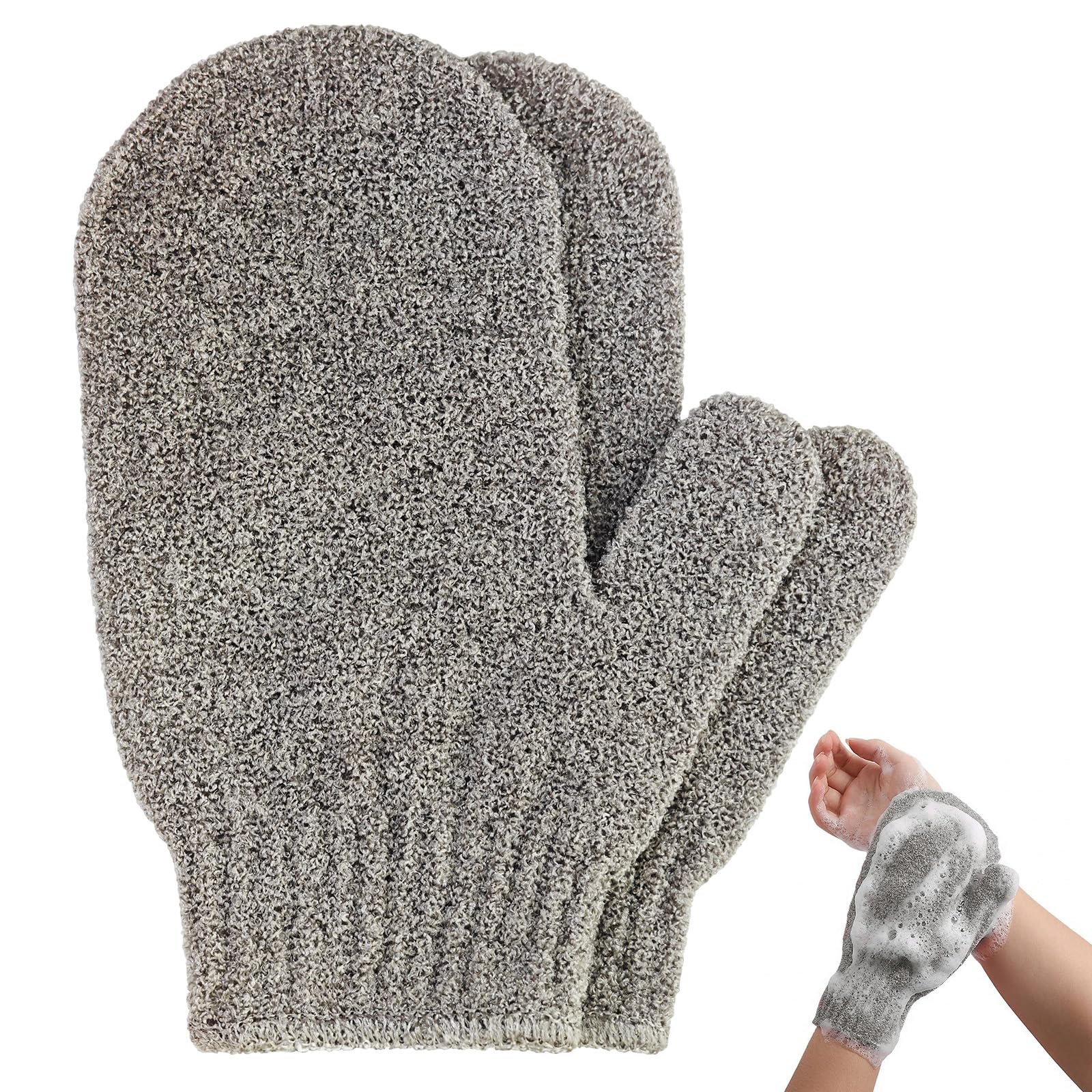 2pcs Exfoliating Gloves, Exfoliating Wash Gloves, Shower Scrub Gloves Away Ingrown Hair and Dead Skin for Shower, Spa, Massage and Dead Skin Cell Remover Loofah - Grey
