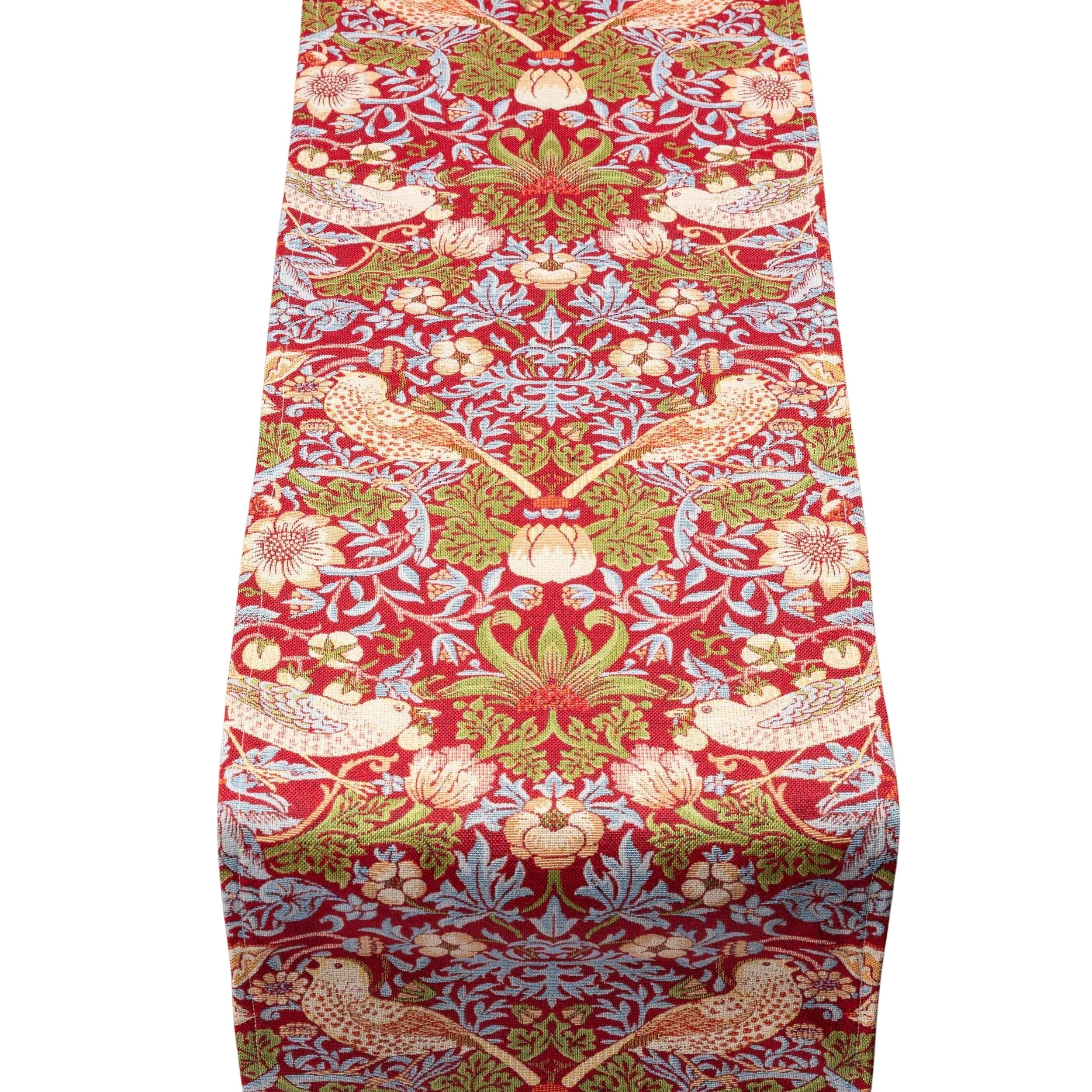William Morris Strawberry Thief Tapestry Table Runner in Red. Classic Arts and Crafts Botanical Style. Available in Three Sizes (30cm x 280cm)