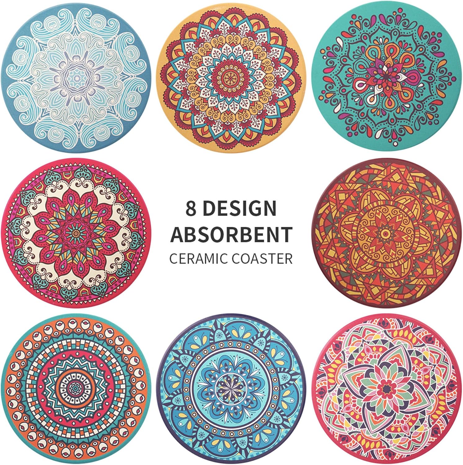 TOP оƒƒERS CHEFBEE Set of 8 Coaster for Drinks Absorbent Mandala Ceramic Coasters with Cork Base, Metal Holder, Stone Coasters Set Perfect for Wooden Table, Housewarming, Home and Dining Room Decor