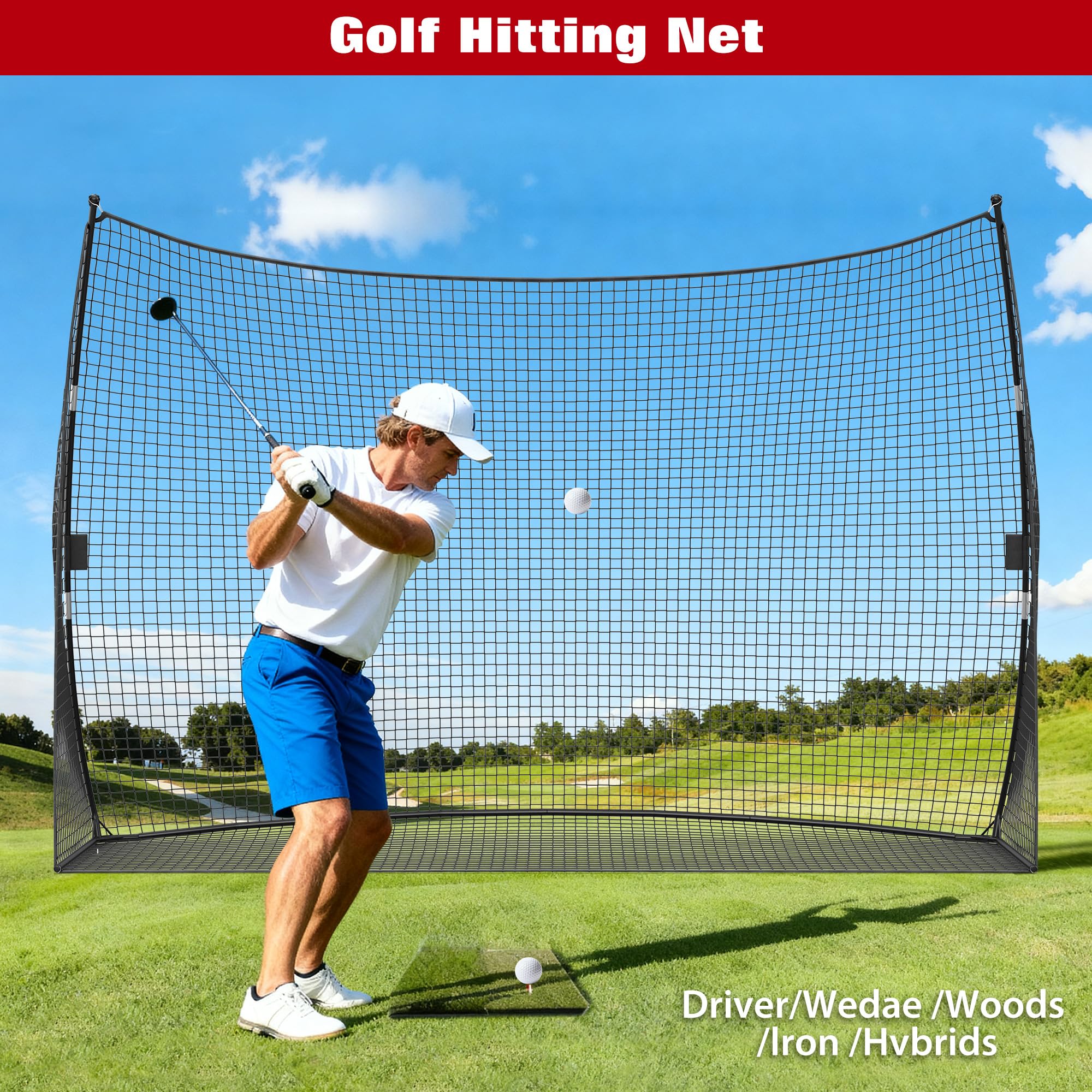 Garvee Golf Übungsnetz 305x217cm, Große Trainingshilfe für Garten & Indoor, Stabiles Abschlagnetz mit Eisenrahmen & PE-Netz, Profi Golf Sport-Equipment, Schwarz