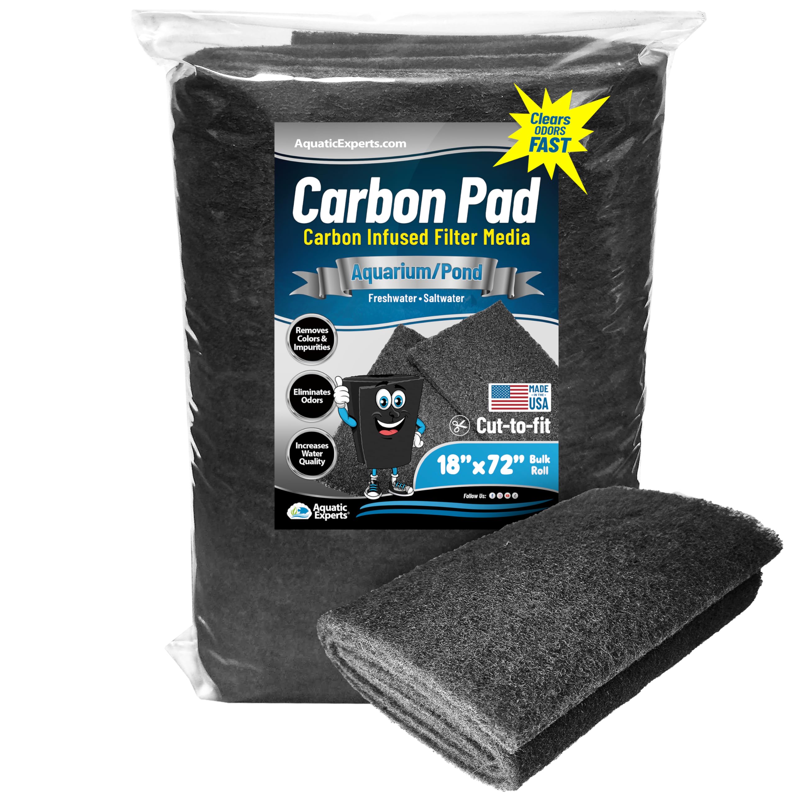 Aquatic Experts Aquarium Carbon Pad - Activated Carbon Filter Pad - Cut to Fit Carbon Infused Filter Pad for Crystal Clear Fish Tank and Ponds - Carbon Filter Pads for Aquarium - 18" x 72"