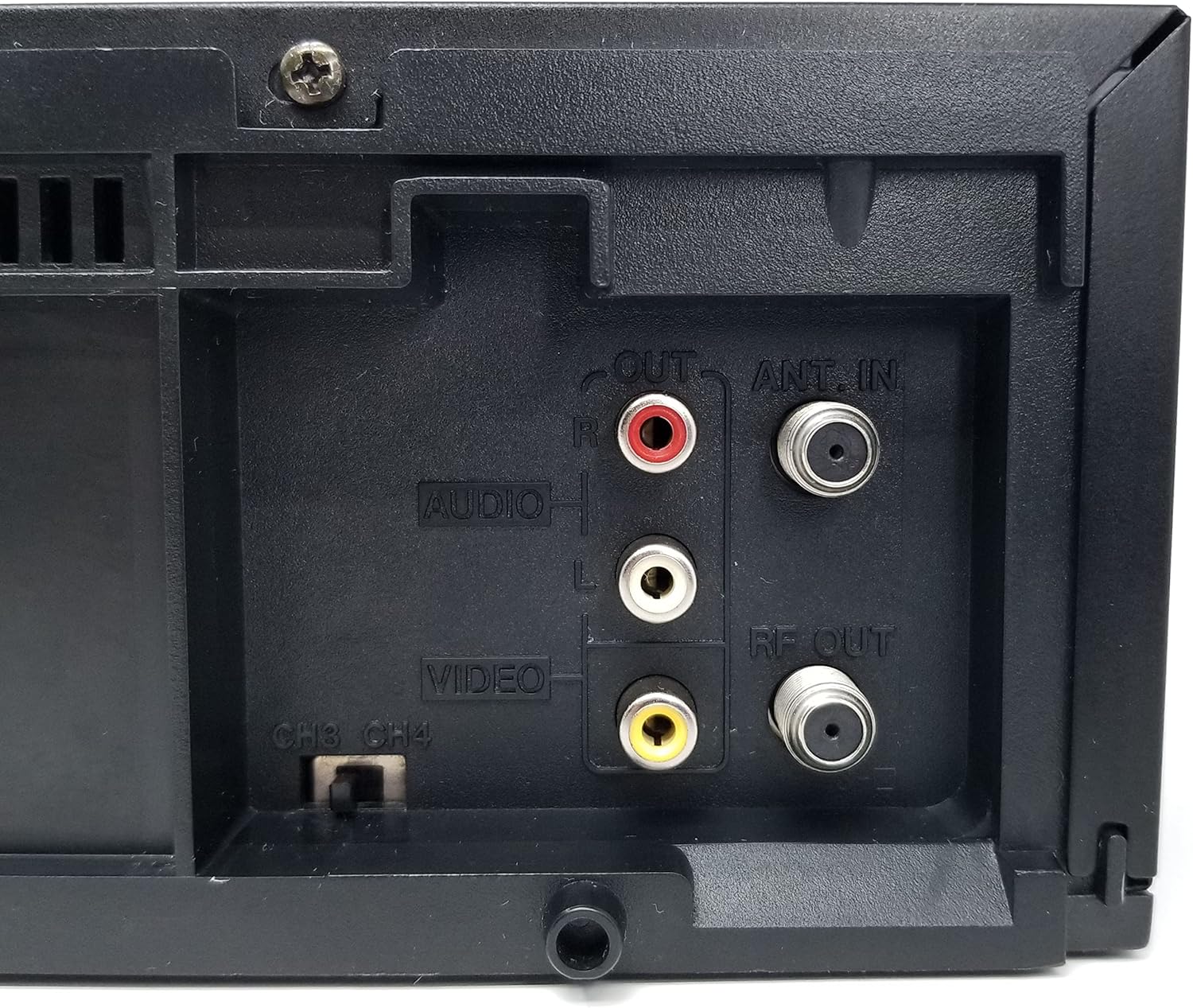Close-up of JVC HR-VP58U VCR rear audio and video connection ports