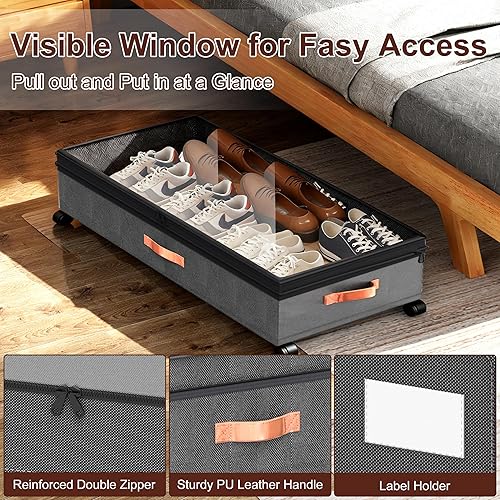 Miniatura 4 de Almacenamiento debajo de la cama con ruedas, paquete de 2 contenedores grandes de almacenamiento debajo de la cama con tapa transparente y etiqueta