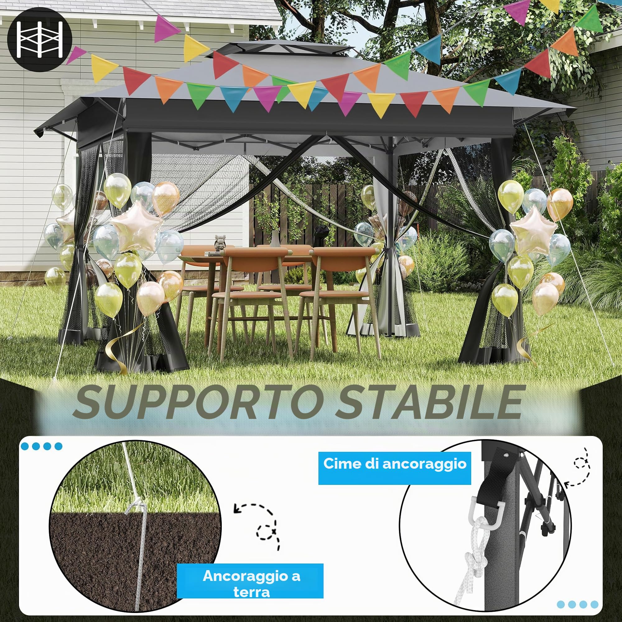 FIVMEN Gazebo pop-up 4 x 4, stabile, resistente all'inverno, pieghevole, regolabile in altezza, con doppio tetto e 4 zanzariere laterali, gazebo da giardino con borsa per il trasporto, antracite