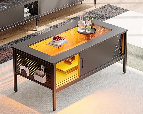 Miniatura 2 de Bestier Mesa de centro LED de 42 pulgadas con almacenamiento, mesa de centro moderna con tapa de vidrio para sala de estar, mesa central negra con