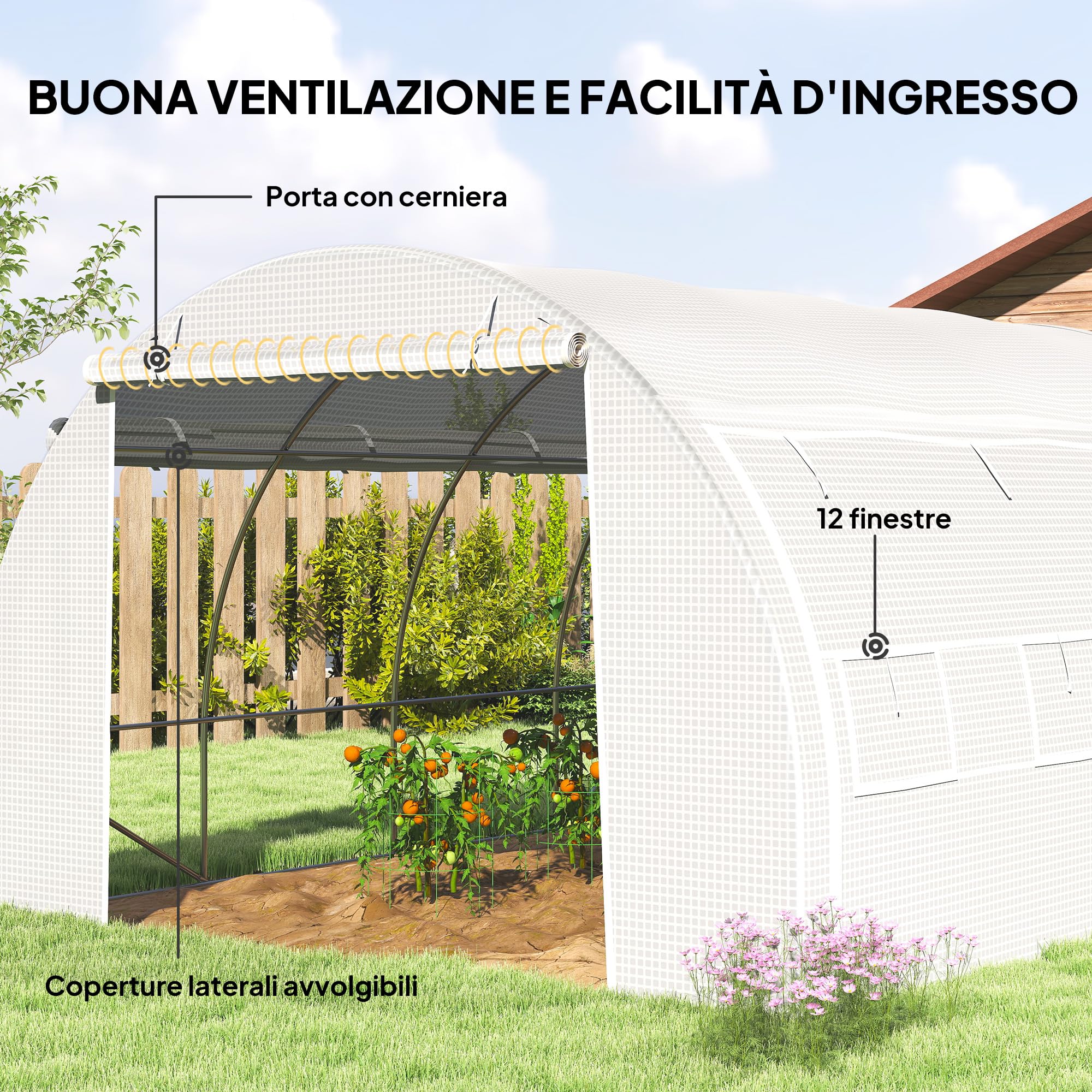 Outsunny Serra da Giardino a Tunnel 3.97x3x2 m con Porte Avvolgibili e Finestre, Serra per Orto con Struttura in Acciaio Zincato e Copertura PE, per Orto Verdure Fiori, Bianco