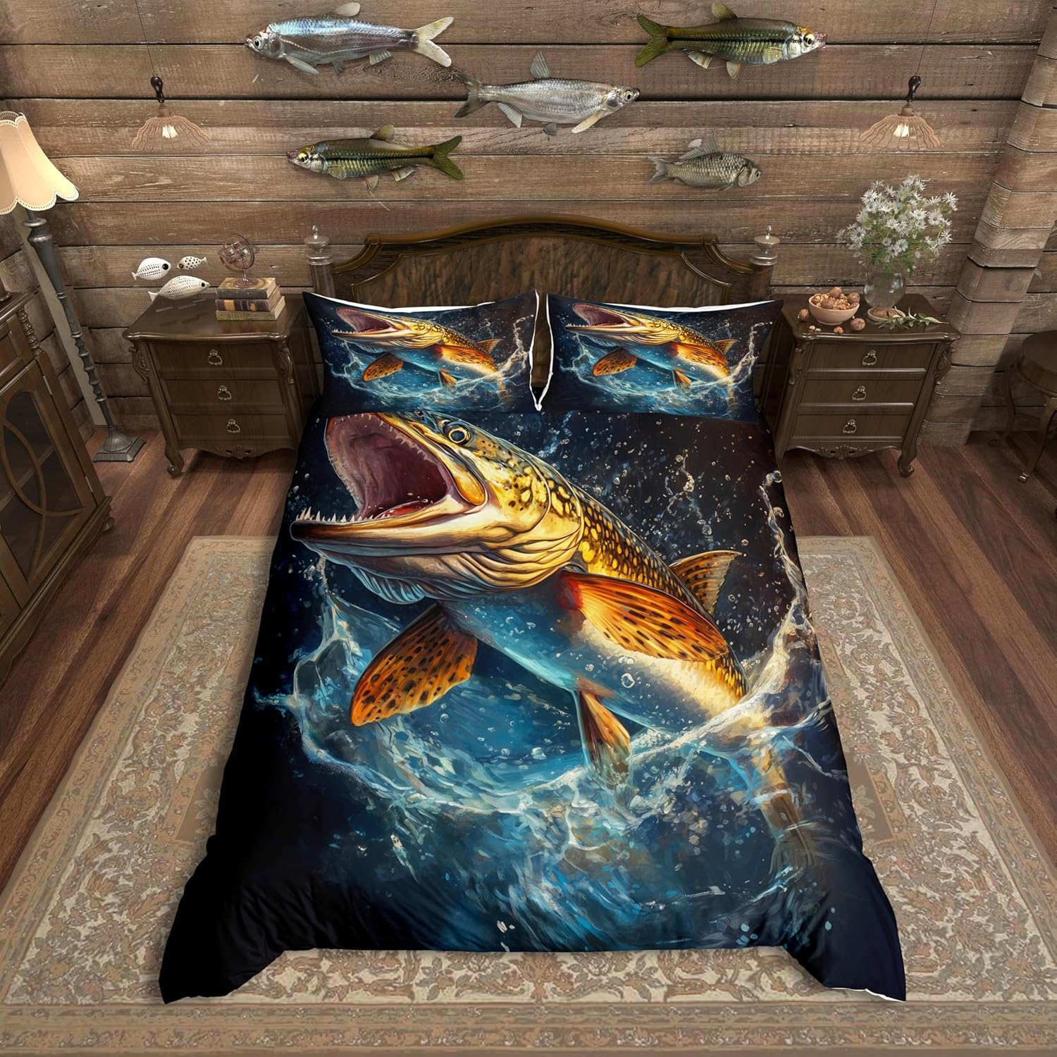 Erosebridal Bass Fishing Bedding Set Twin,Big Pike Fish Themed Duvet Cover for Kids Boys Men Room Decor,Fishing and Hunting Bed Set Lake House Duvet Cover with 1 Pillowcase (No Comforter)