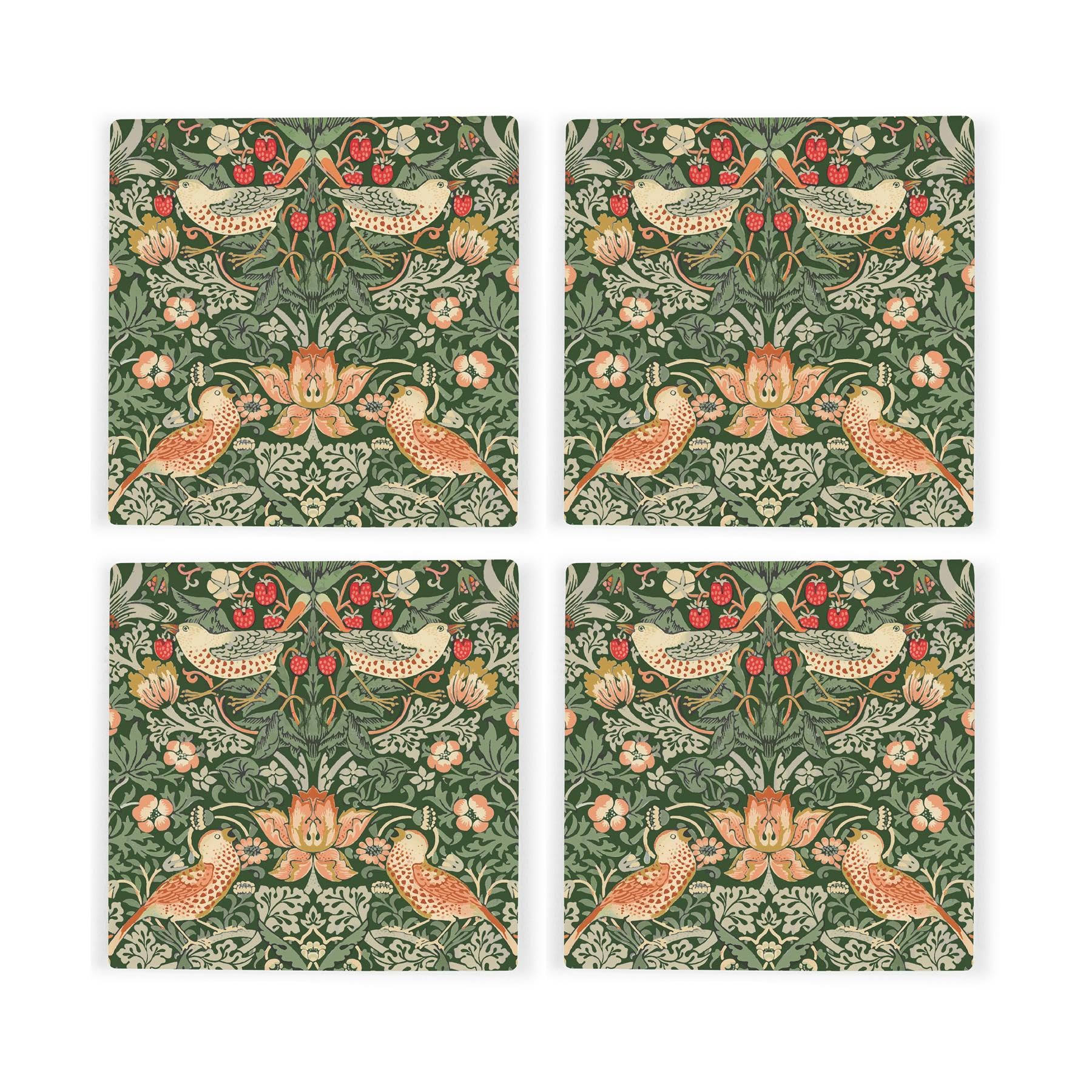 Green Strawberry Thief Ceramic Coaster Set - William Morris Artwork Gifts - Square Set of Four (4) Coasters