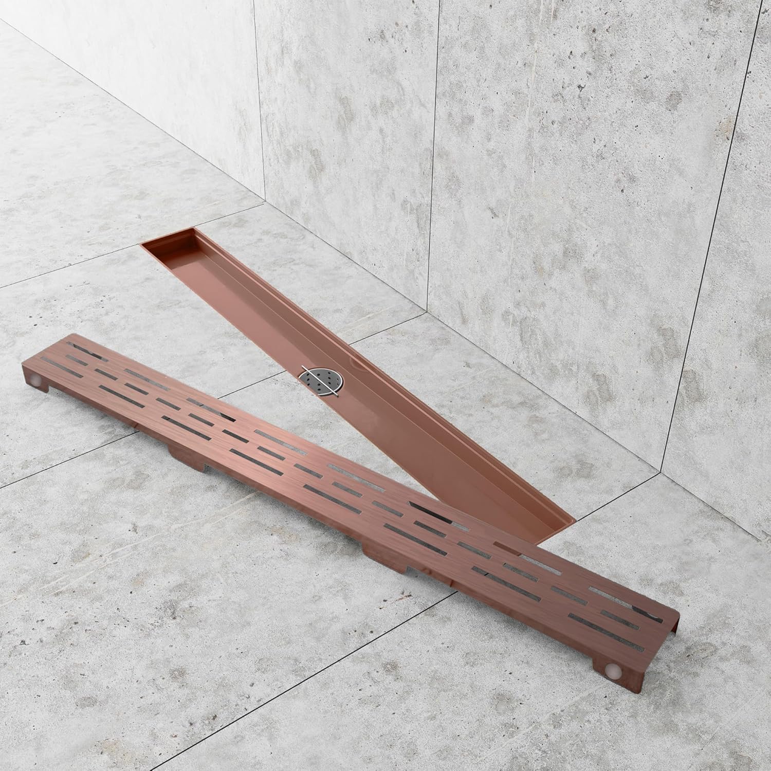 Linear Shower Drain - Stainless Steel Rectangular Shower Floor Drain with Removable Patterned Grate, Hair Strainer, Threaded Adapter (Copper, 24 Inches)