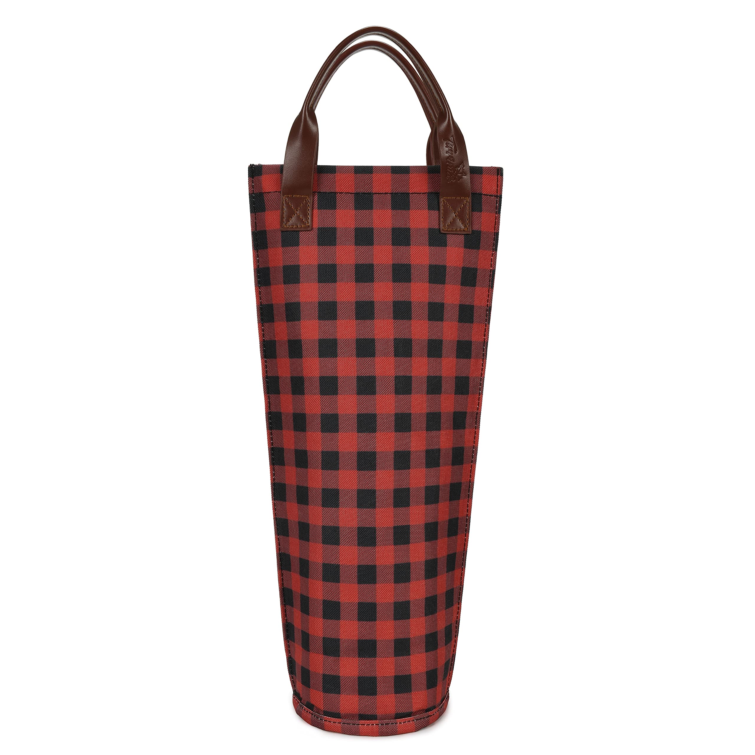 Tirrinia Single Wine Carrier Tote, Insulated Cooler Bag for Travel & Picnic - Padded Bottle Holder, Gift for Wine Lovers, Red Grid