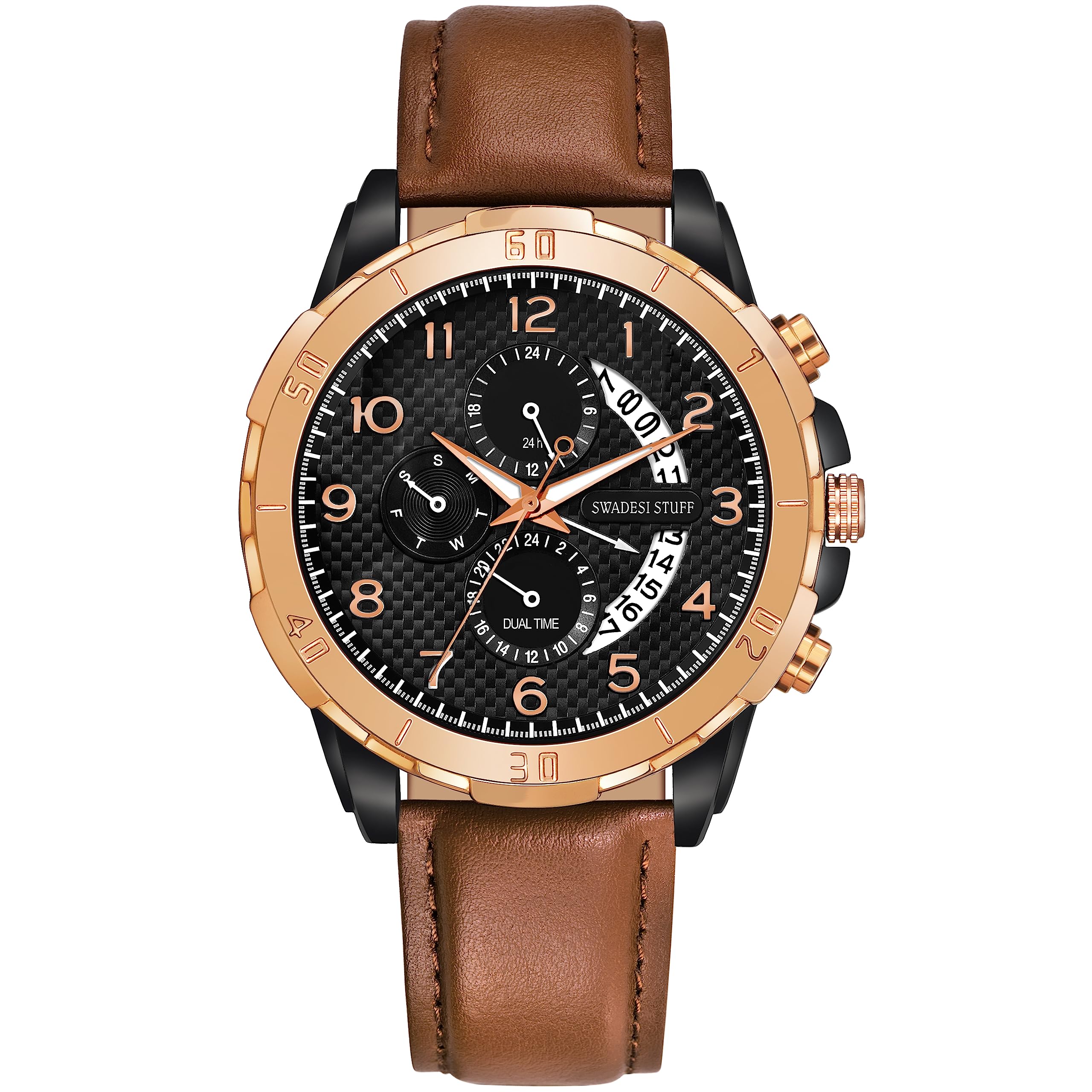SWADESI STUFF Crescent Brown Dual Time Chronograph Day & Date Dial Premium & Luxurious Genuine Leather Strap Analog Watch for Men (B0C7MHFQG1) Amazon Price History, Amazon Price Tracker
