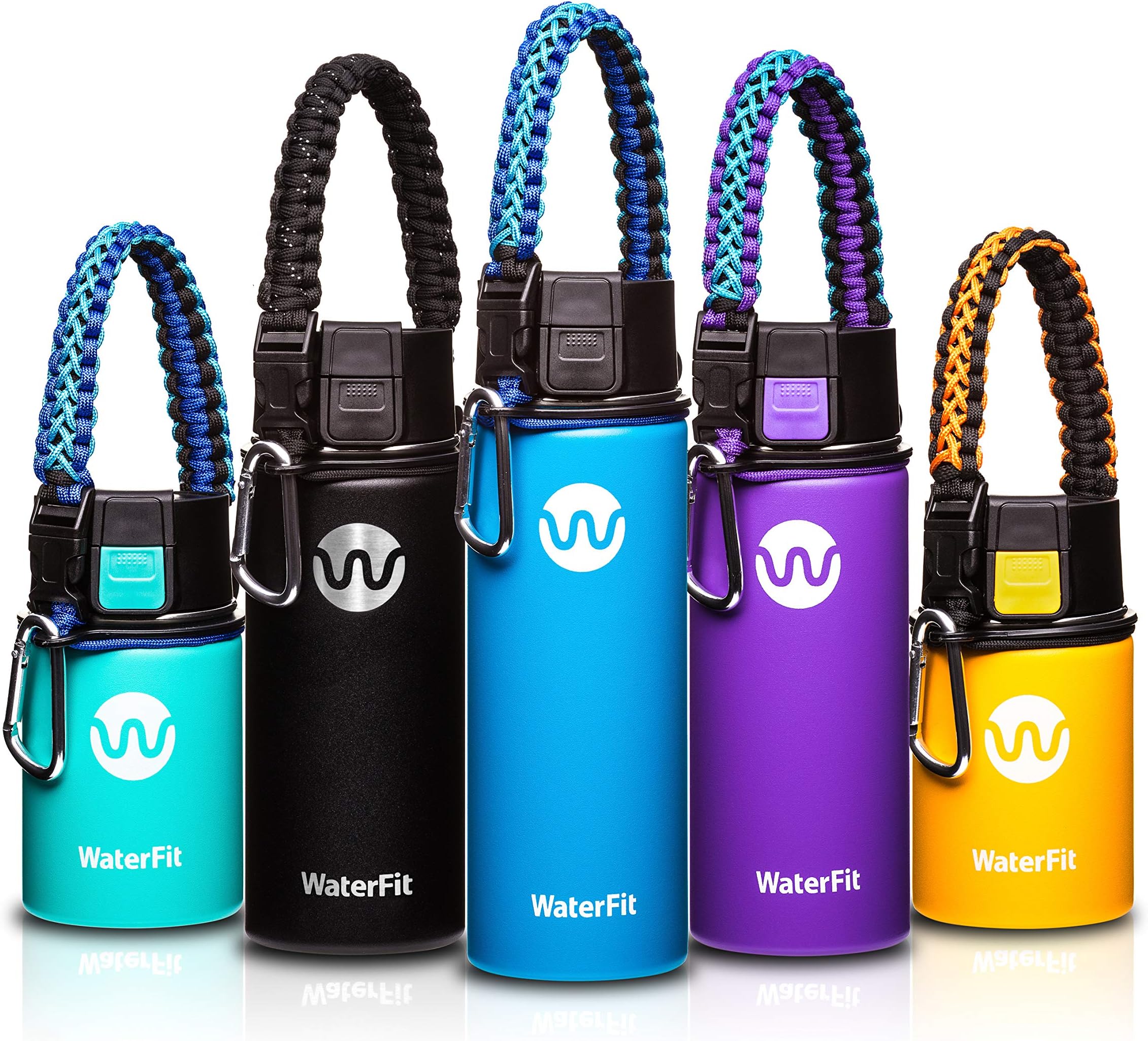 WaterFit Vacuum Insulated Water Bottle - Double Wall Stainless Steel Leak Proof BPA Free Sports Wide Mouth Water Bottle - 12 oz, 16 oz or 20 oz - 5 Colors with Paracord Handle