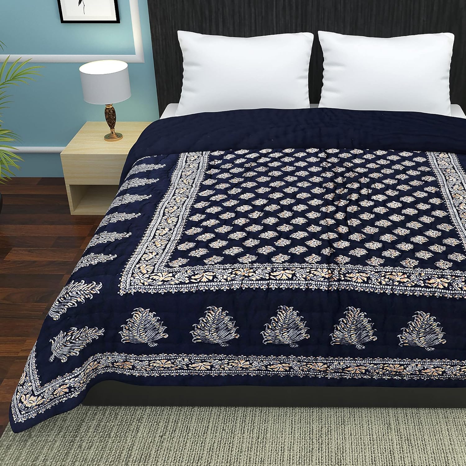 teeja 400 GSM Rajasthani Traditional Jaipuri Hand Block Print, Summer and Winter Cotton Double Bed Quilt Razai (Design NO3, Single Bed)