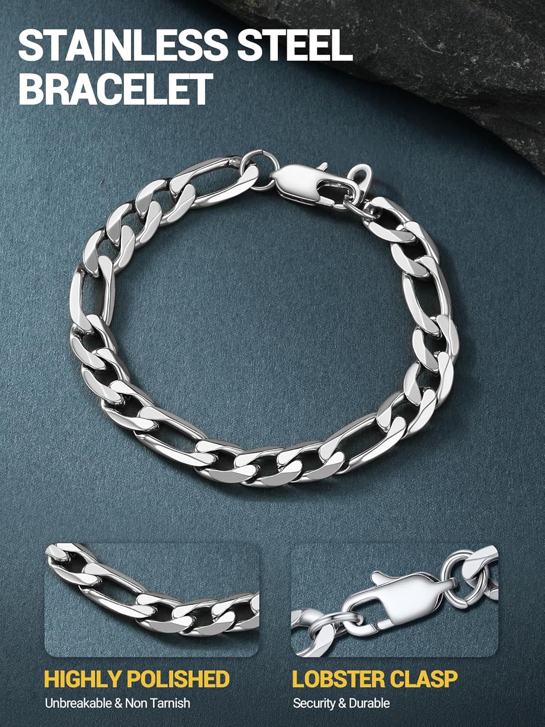 PROSTEEL 316L Stainless Steel Bracelet For Men, Stylish Figaro Chain, Hypoallergenic Jewelry, Black/Gold/Silver Tone, W:6mm-13mm, L:7.5"/8.3", Come with Box - Image 4