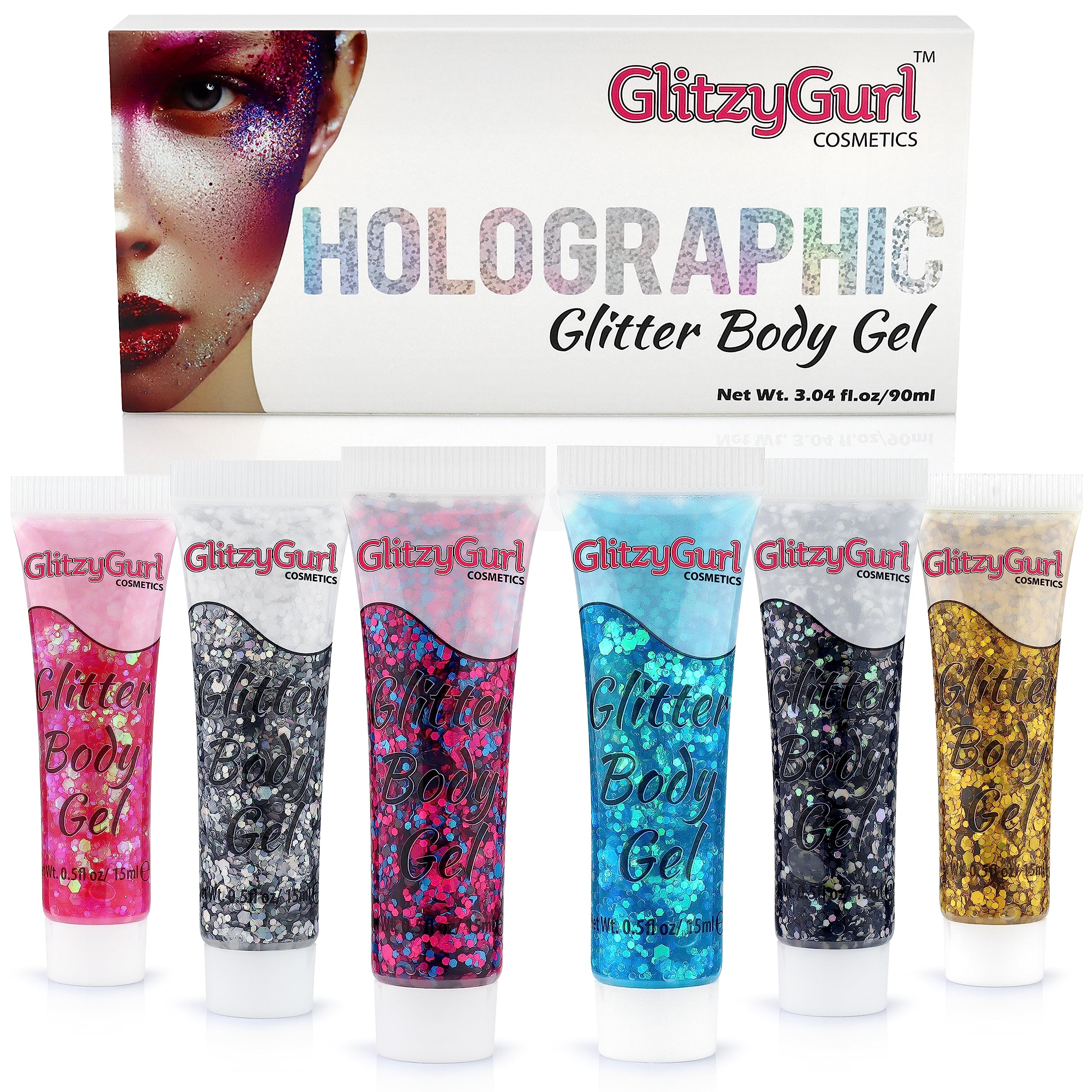 Gel cosmetico con glitter olografici, per viso, corpo e capelli, confezione da 6