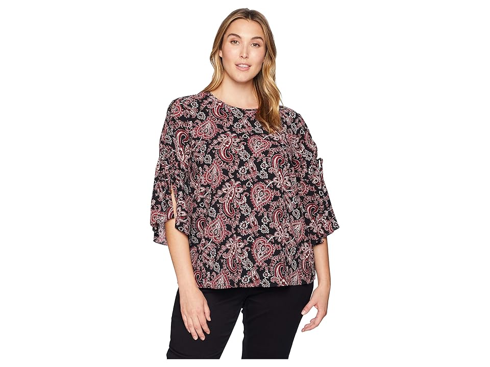 

MICHAEL Michael Kors Plus Size Sweatheart Paisley Short Sleeve Top (Black/Maroon) Women's Clothing
