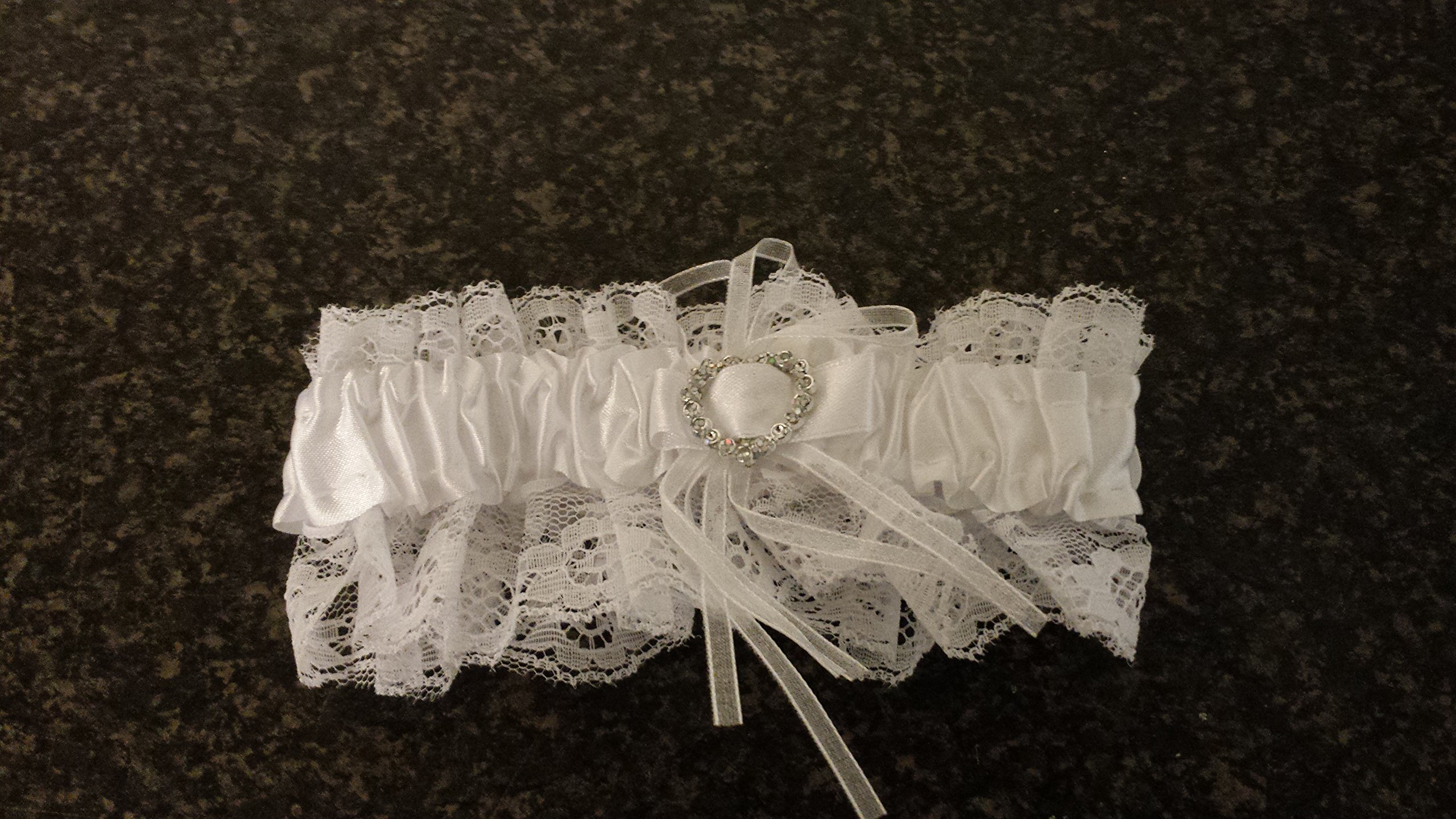 NEW Off White Ribbon Elasticated Lace Bling Silver Heart Wedding Bride Garter