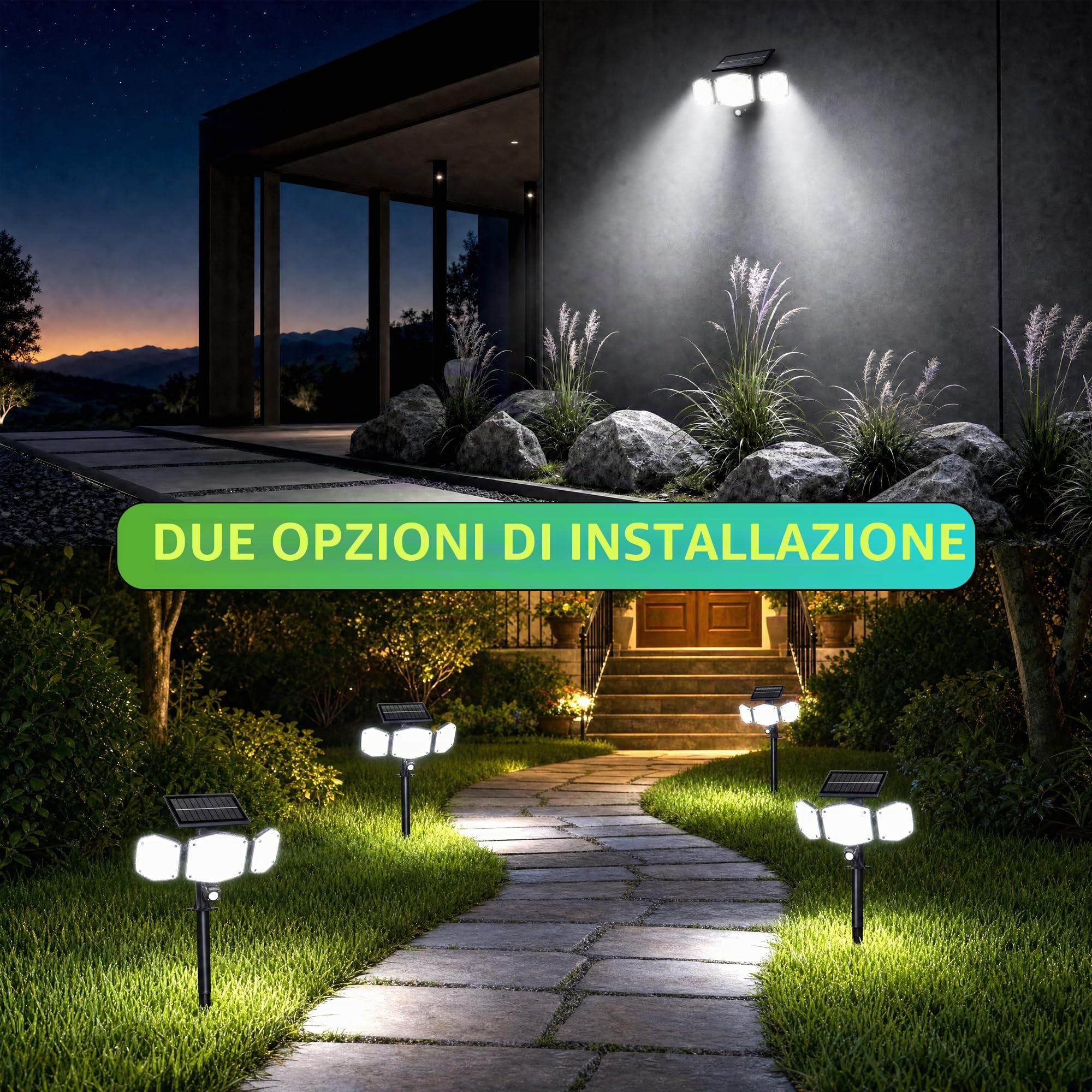 Faretto Led da Esterno Solare con Sensore di Movimento, 426 LED Luce | Faretto Led da Esterno Solare con 2000mAh 1200LM, 3 Testa 3 Modes, IP65 Impermeabile, Illuminazione a 270°, Giardino Garage