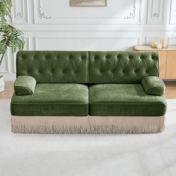 GOWE Soft Velvet Fabric Chesterfield Style Sofa,Button Tufted Design,Floor-grazing Tassel Fringe Skirt,Easy to Assemble,Free Combination,for Living Rooms Rest Areas Bedroom,Green