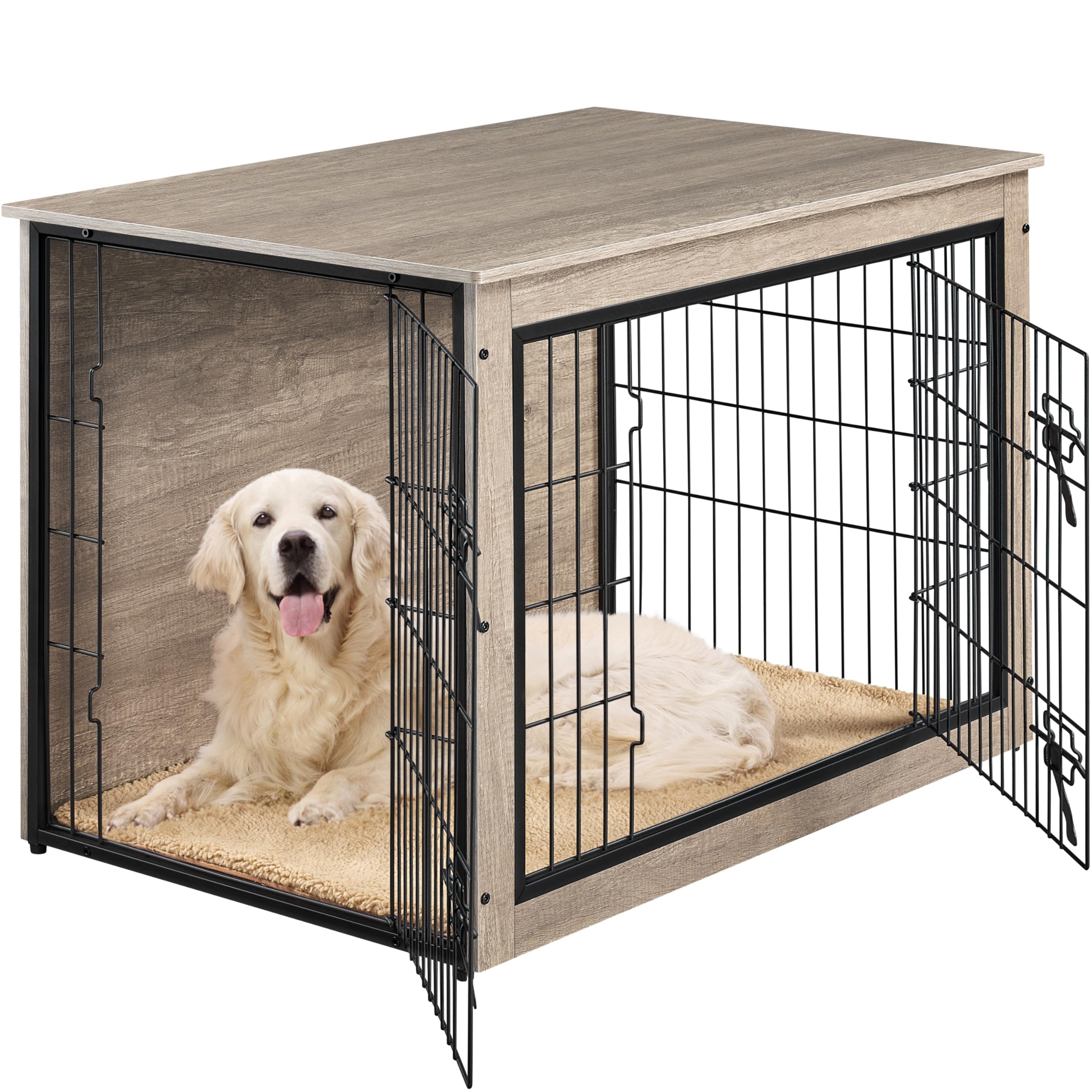 Yaheetech Gabbia per Cani Gatti, Tavolino Armadietto Box Kennel con Doppie Porte, a Rete in Legno, da Interno per Casa, 96 x 65 x 67,5 cm, Grigio