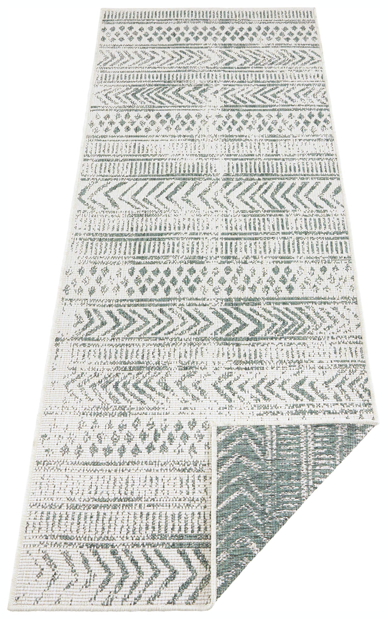 NORTHRUGS In- und Outdoor Teppich Biri 80x250cm - Wendeteppich Wetterfest Boho Style Vintage Design Läufer für Balkon Terrasse Garten Wintergarten Wohnzimmerteppich Wasserfest in Grün Creme