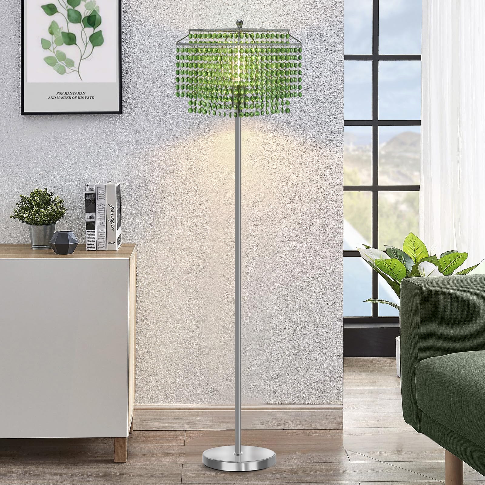 Crystal Floor Lamp, 64" Tall Elegant Standing Lamp with On-Off Foot Switch, Silver Lamp with Green Double-Layer Crystal Lampshade , Standing Lamps for Bedroom, Living Room, Office, 8W Bulb Included