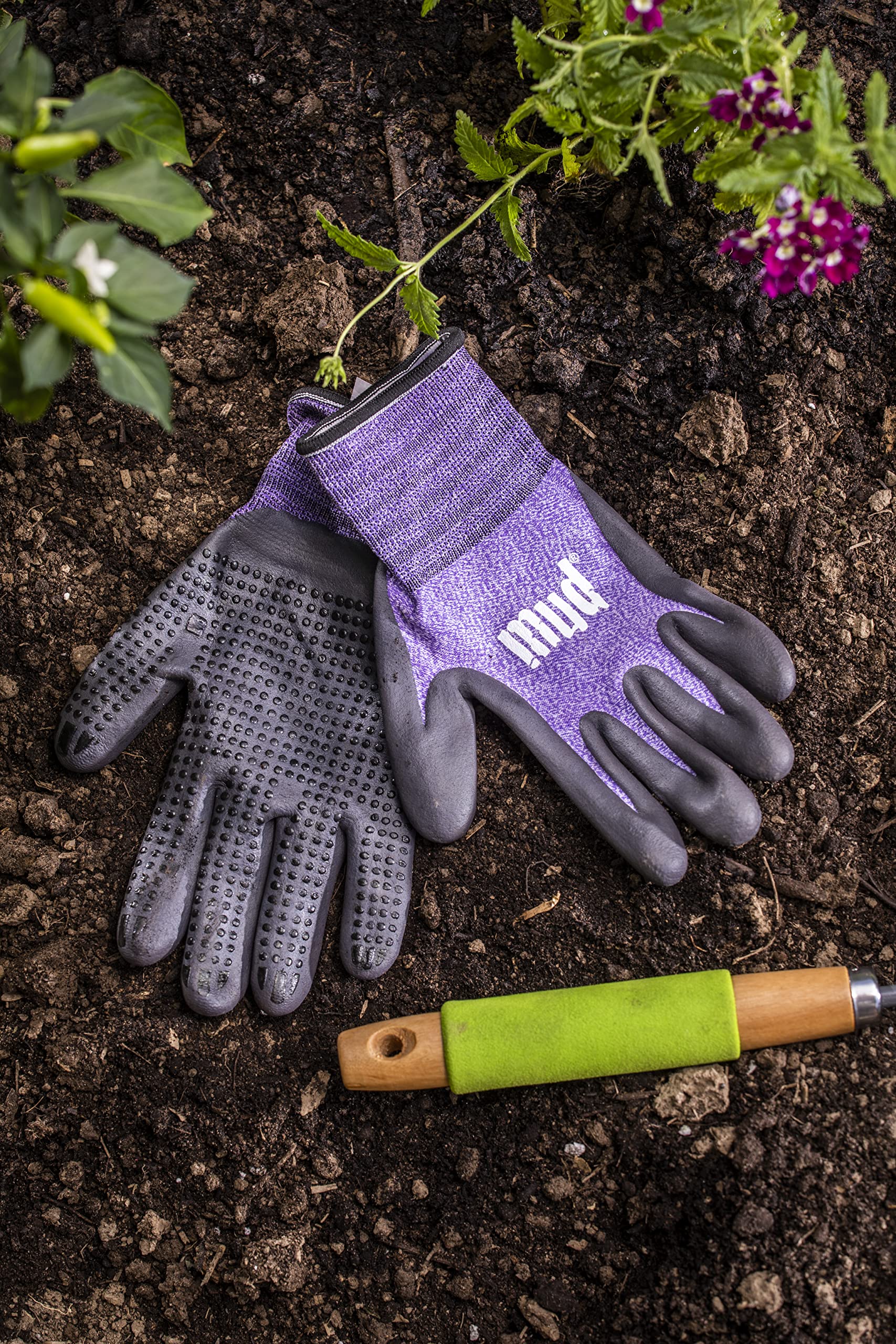 MUD Grip - Guantes de jardinería de palma de nitrilo sin costuras para mujer, resistentes al agua, excelente agarre, alta destreza, resistentes a la abrasión, mediano/grande, violeta (MD31011V-WML)