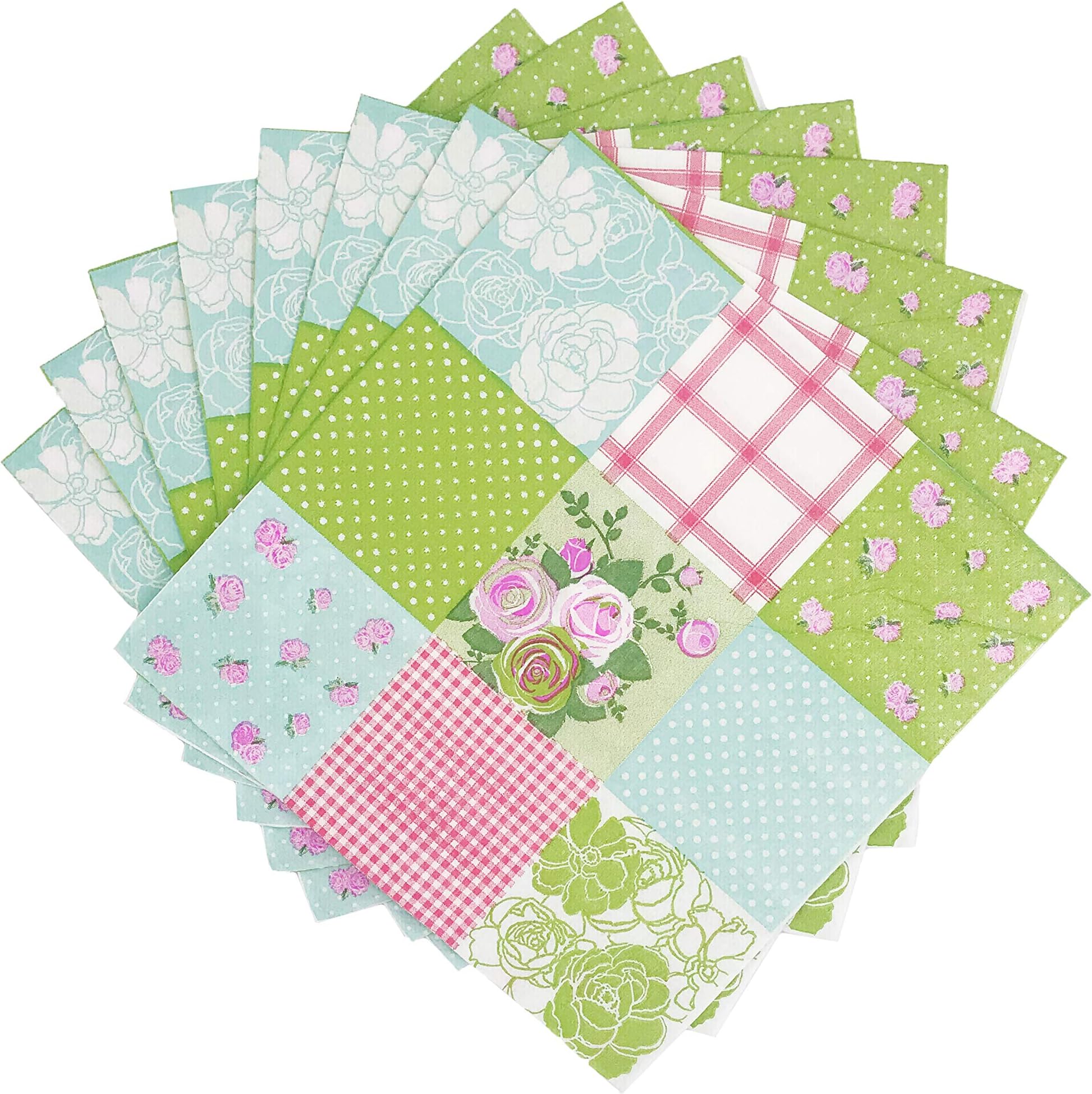 WallyE Mint Floral Printed Shabby Chic Decoupage Napkins, Geometric Pattern Paper Napkins,20 Pack