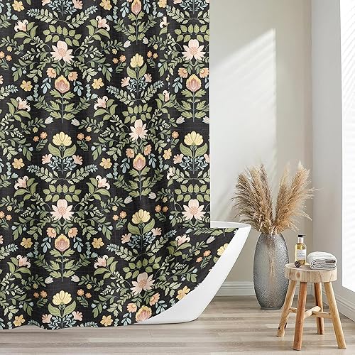 Vista 20 de Tititex Cortina de ducha de lino sintético de 4.94 oz/m², diseño floral azul con hojas doradas con flores, decoración de baño, juego de cortinas