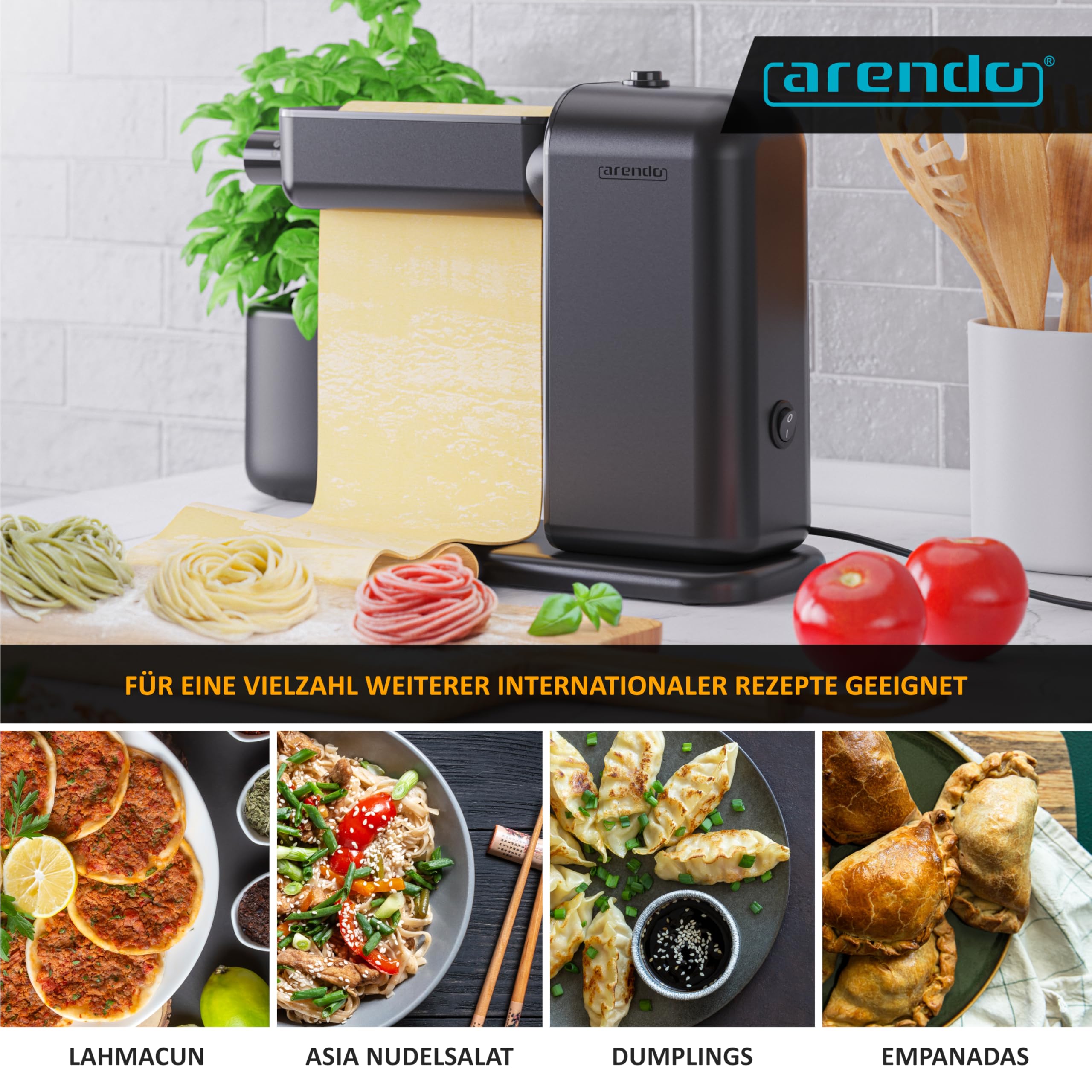Arendo - Nudelmaschine elektrisch – Pasta Maker - 5 Stärken einstellbar – 120 Watt – Nudelwalze und 2x Pasta-Schneideinsätze 2 mm und 6 mm – Knetmaschine - schwarz matt