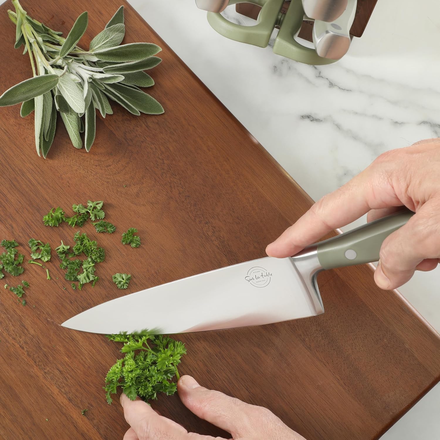 Sur La Table Kitchen Essentials Tasting Kitchen High-Carbon German Steel 7 Piece Full Tang Forged Cutlery Knife Block Set - Juniper Green W/Ashwood Block - Image 4