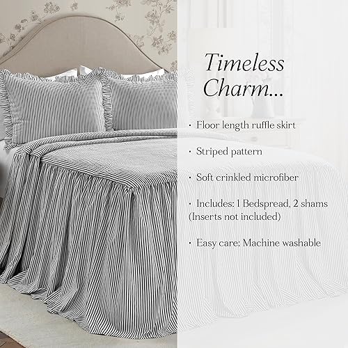 Vista 7 de Lush Decor - Juego de colcha con diseño a rayas, tamaño full, 3 piezas, color negro - Juego de ropa de cama con volantes, colcha para cama full