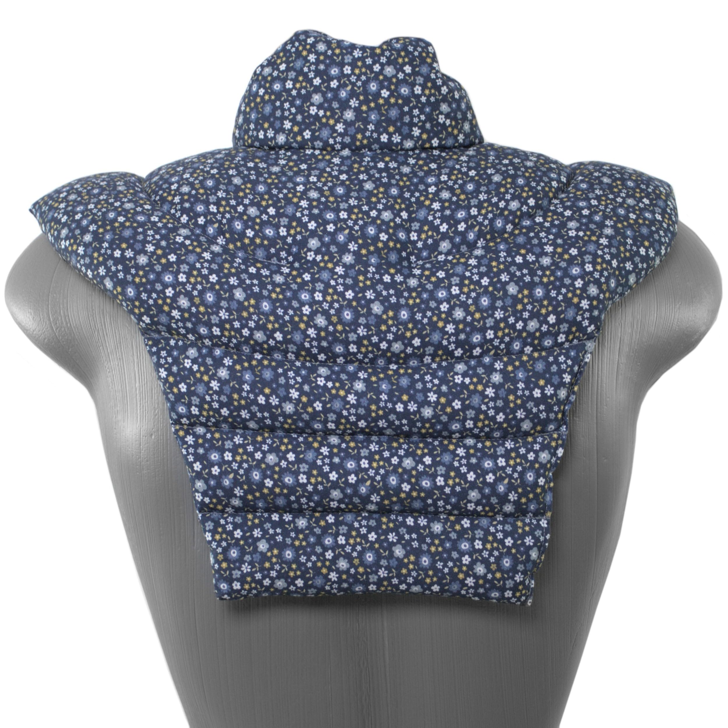 Tour de cou pour vertèbres cervicales avec col montant et partie dorsale - Tissu biologique fleurs bleues- Coussin chaud aux pépins de raisin - HWS