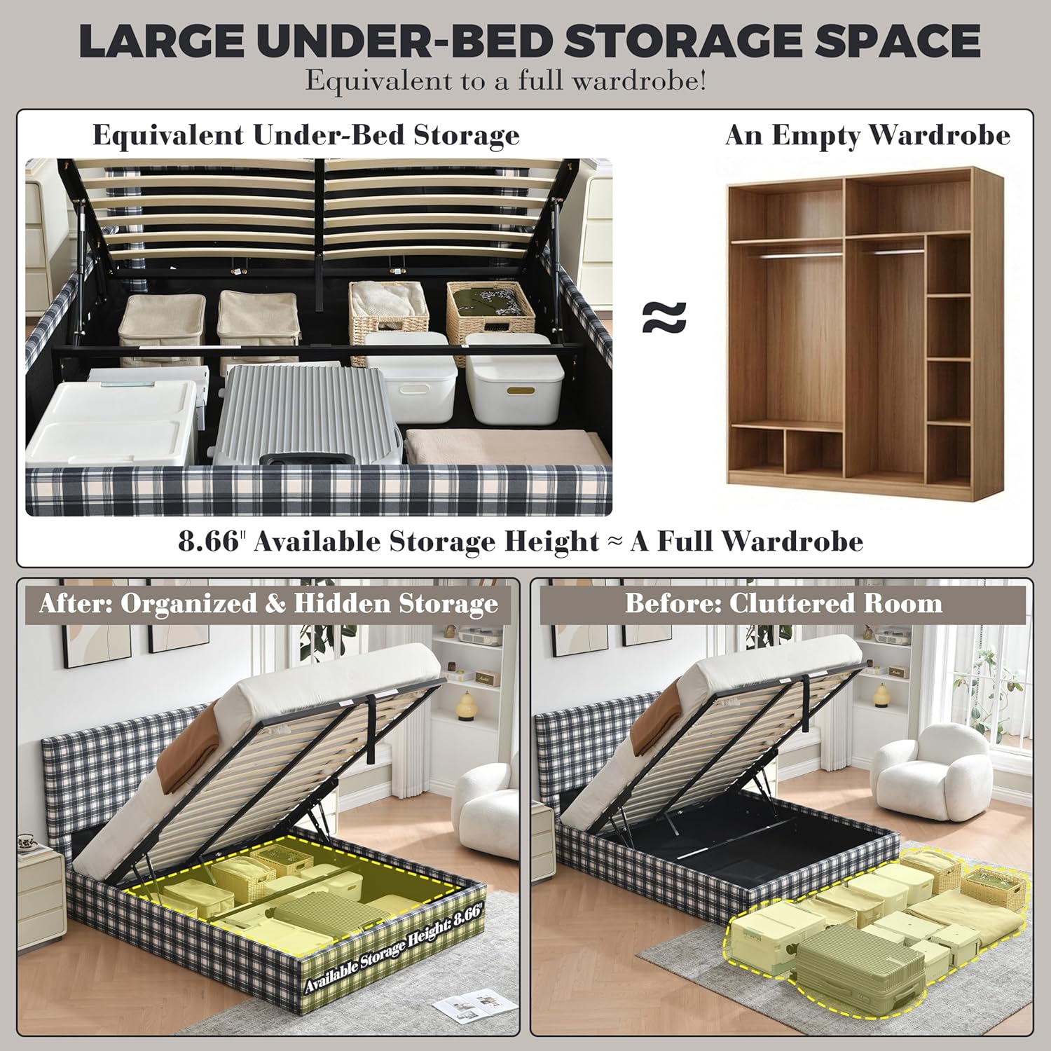 Queen Size Lift Up Storage Bed Frame, Upholstered Platform Bed with Blue & White Plaid Checkered Headboard, Hydraulic Gas Lift Mechanism, Wood Slat Support, No Box Spring Needed, Linen Fabric