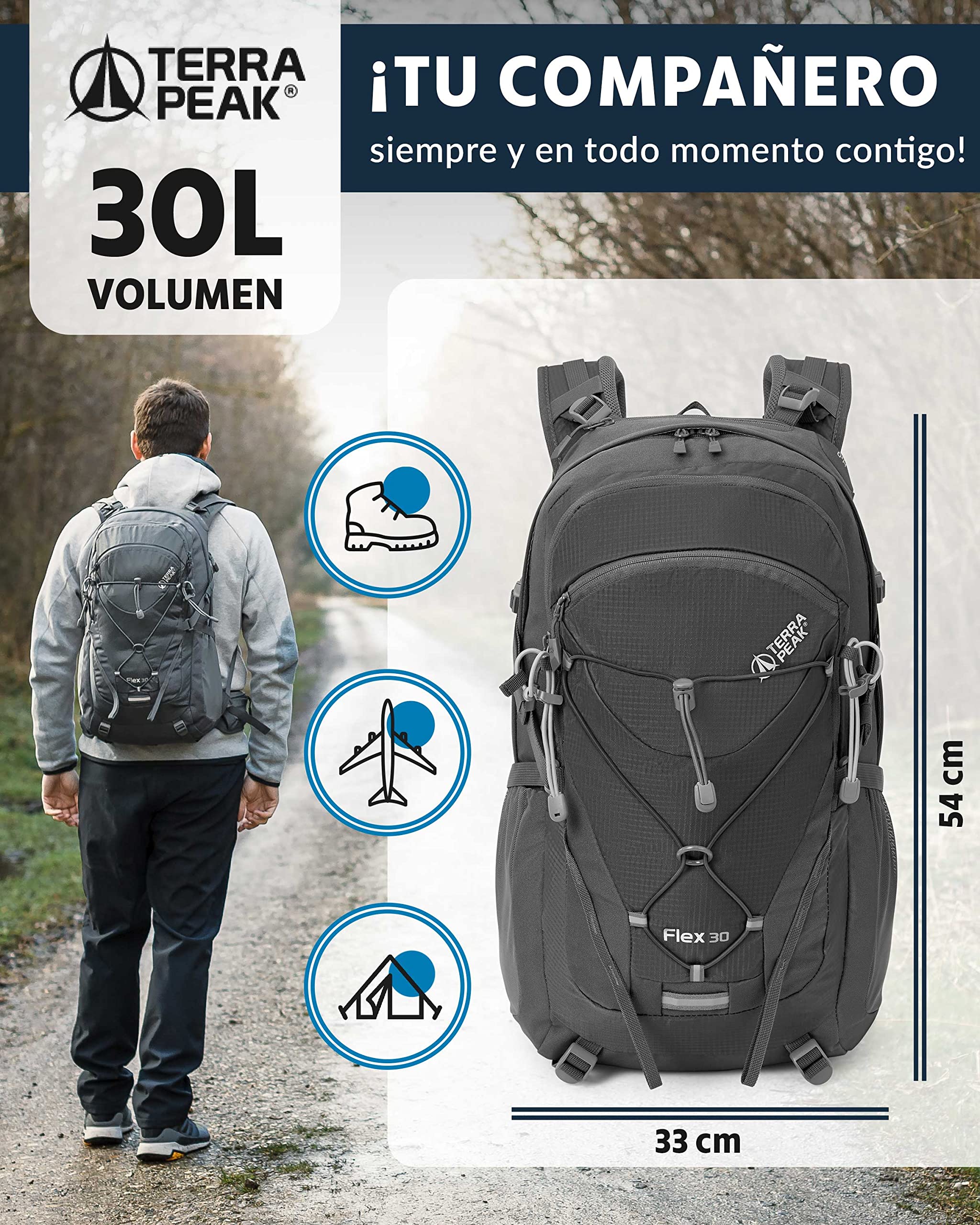 Terra Peak® Mochila de Senderismo 30L para hombre y mujer (FLEX 30 MEDIO) - Mochila de montaña, trekking y viaje para exteriores, ergonómica e impermeable, con ventilación trasera (transpirable)