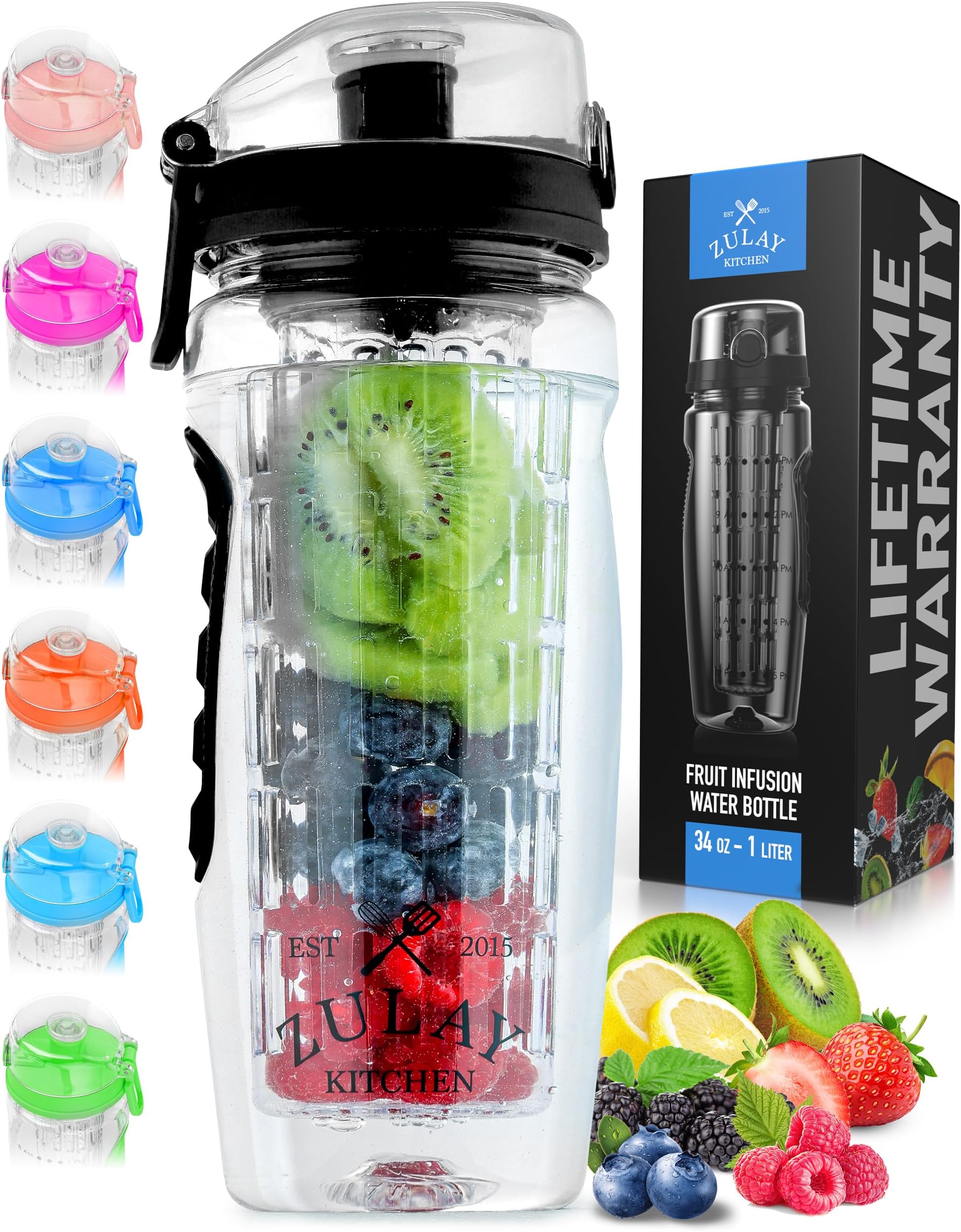 Zulay Fruit Infuser Water Bottle - 34oz - Leakproof With Full-Length Infusion Rod - Men Women's Ideal Fitness Gift Or For Gym, Camping - Onyx Black
