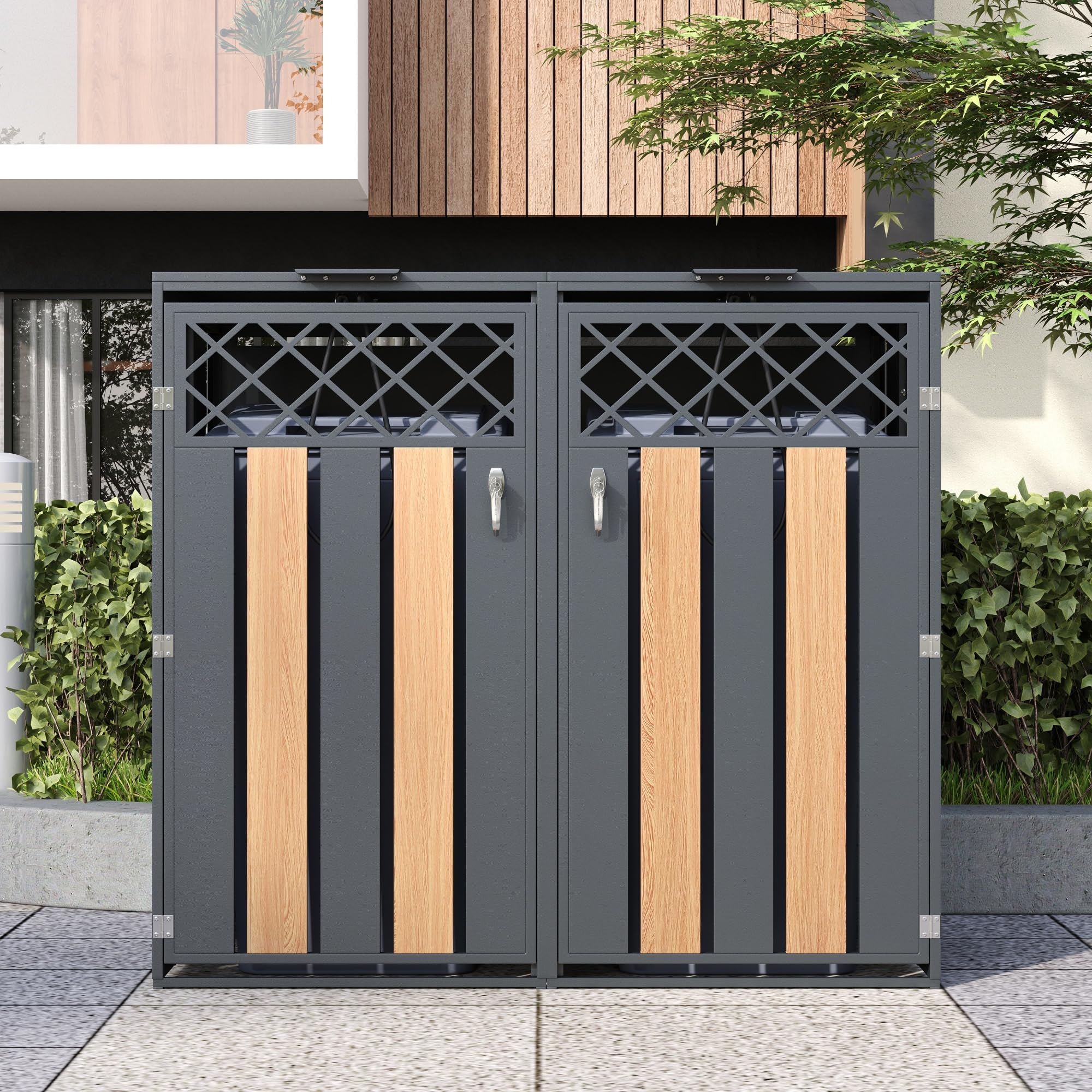 Merax Mülltonnenbox 2 Türen mit hydraulischem Klappdeckel & doppelter Frontöffnung, abschließbare Mülltonnenverkleidung für 2 Tonnen, Doppeltür-Design, verzinkter Stahl, rostfrei & wetterfest, Grau