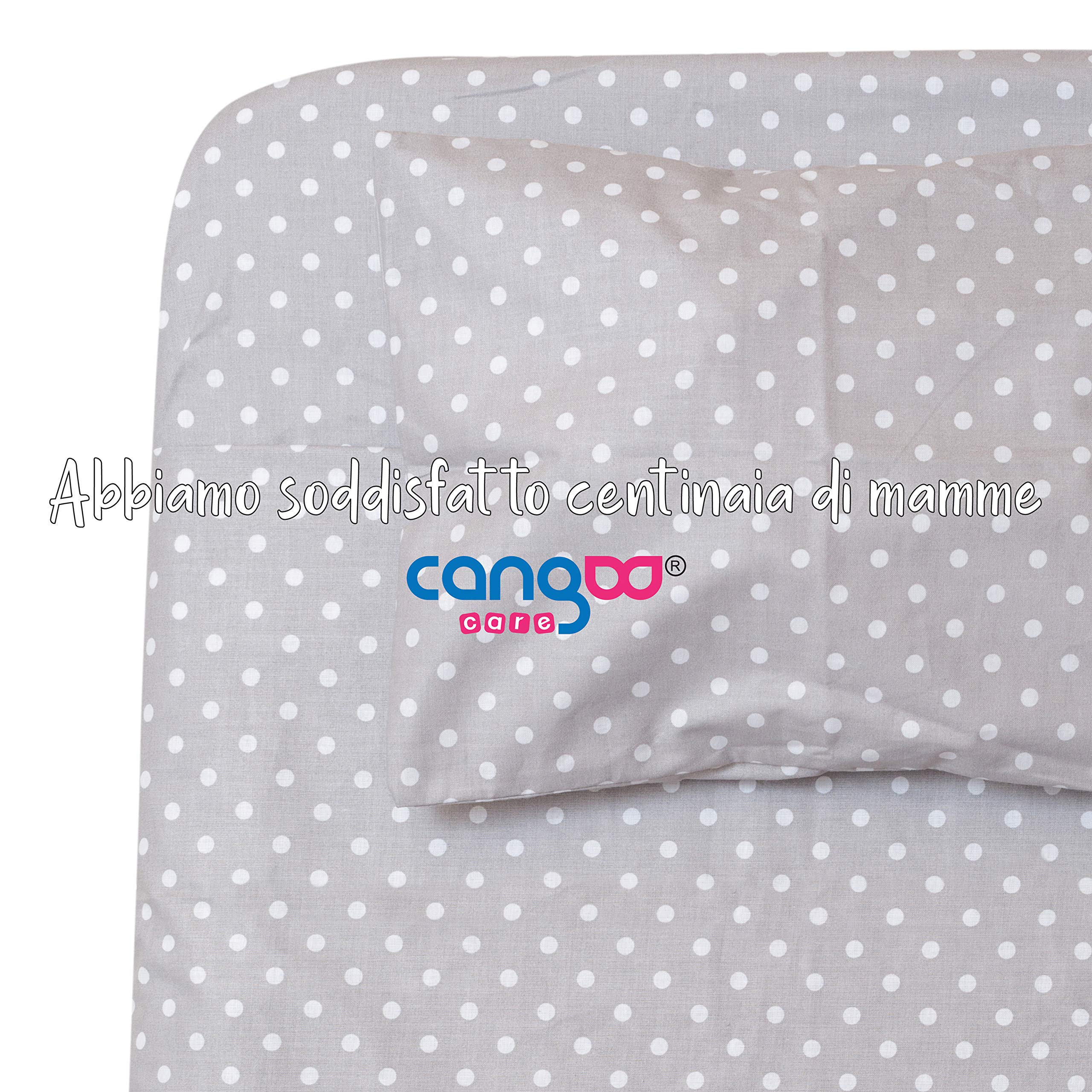 CangooCare© Set Lenzuola 4 Pezzi Compatibile Next2Me, Culle Cosleeping, Carrozzina, 100% Cotone, 2 Lenzuola Con Angoli, 1 Lenzuolo Sopra, 1 Federa (Pois Grigi)