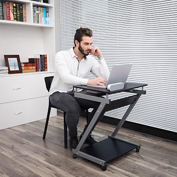Vasagle Desk, Total 4 Wheel Computer Desk with 2 Brakes, Pc Desk, Smooth Keyboard Drawer, Easy Assembly, Space-Saving Z-Shaped Pc Desk, Black, Lcd811B