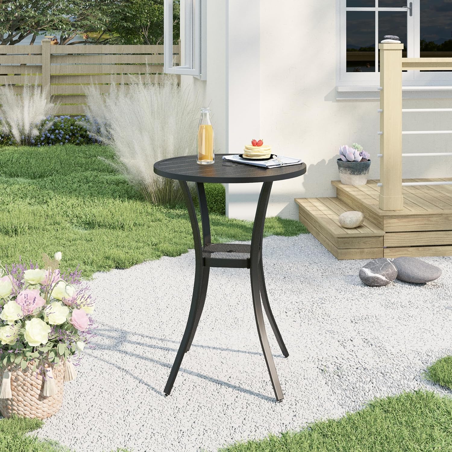 Outdoor Bar Table,Dining Table, Metal Frame with Wood-Like Surface, Durable & Firm Structure, All-Weather Patio Furniture for Front Porch, Beach and Backyard. (Walnut)