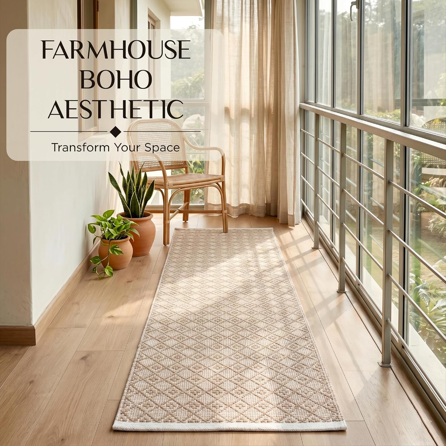 Cotton Diamond Woven Runner Rug 2x6 Feet - Beige | Non Slip Long Front Entry Rugs for Hallways, Washable Outdoor Neutral Woven Bath Runners