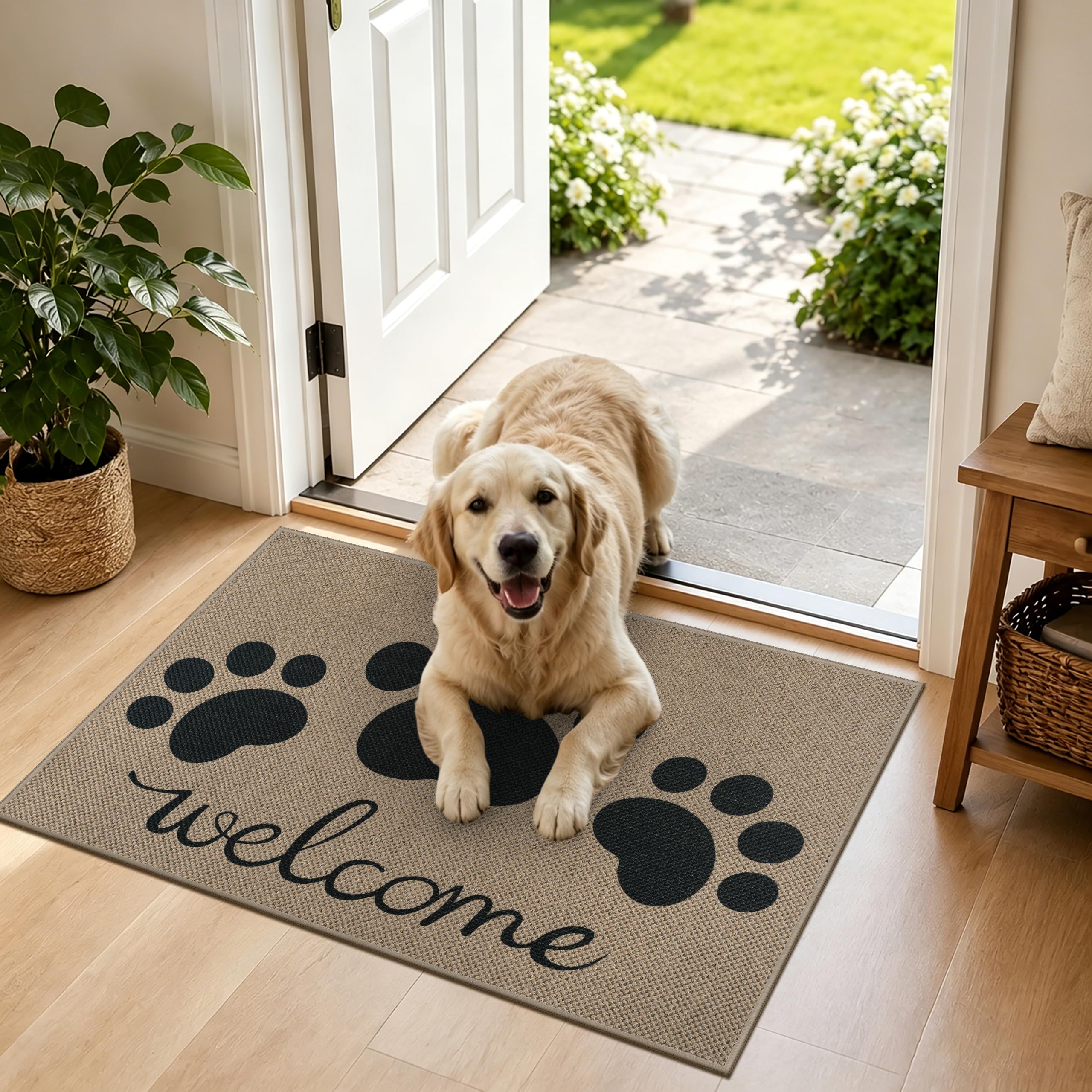 Capslpad Dirt Trapper Door Mat Indoor 50x80cm Non-Slip Machine Washable Entrance Rug Easy Jute Durable Inside Floor Mat for Entryway, Front Back Door Muddy Wet Shoes and Paws, Black Paw โ image 1
