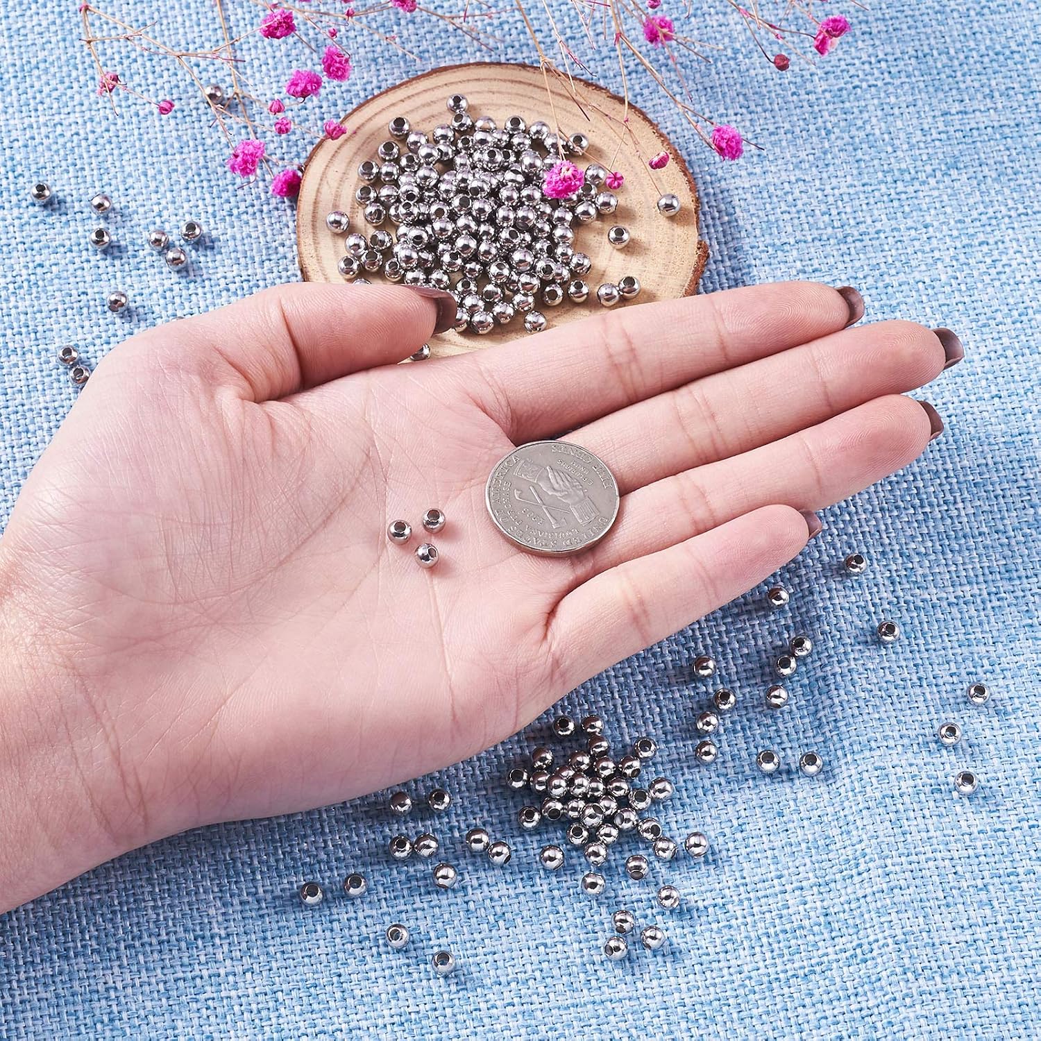 Craftdady 1000Pcs Stainless Steel Mini Round Ball Spacer Beads 4mm Metal Tiny Smooth Rondelle Charm Loose Beads for DIY Jewelry Craft Making Hole: 1mm