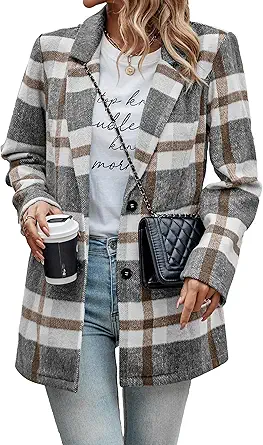 PRETTYGARDEN Women Plaid Shacket Jacket Trendy Fall Casual Button Wool Blend Tartan Trench Coat Winter Clothing with Pockets