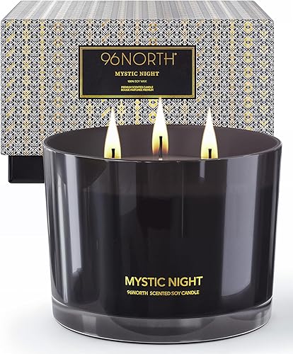 96NORTH Vela negra de lujo  Vela en tarro grande de 3 mechas  Hasta 40 horas de tiempo de combustión  Cera de soja 100% natural  Vela estética de