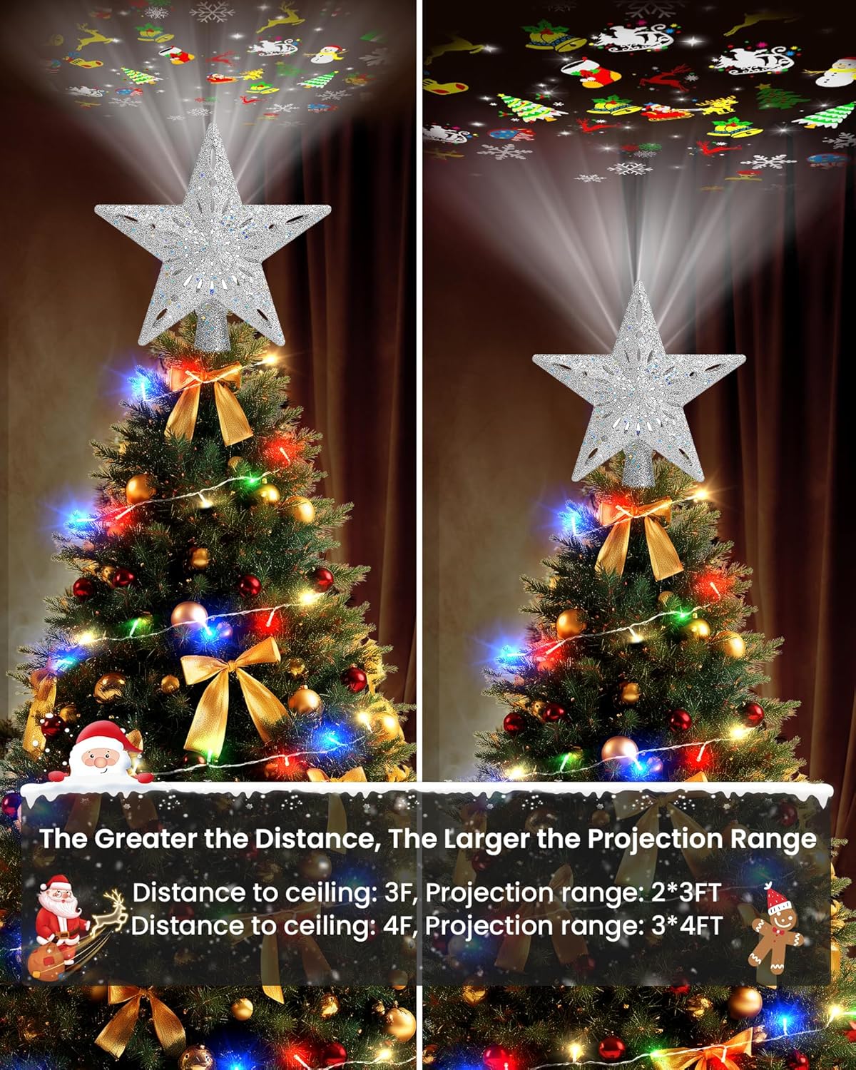 Christmas Tree Topper Star Lighted with 32.8ft Breathing Flickering String Lights & 6 LED Projection Modes, Silver Christmas Star Topper for Indoor Xmas Holiday Tree Decoration
