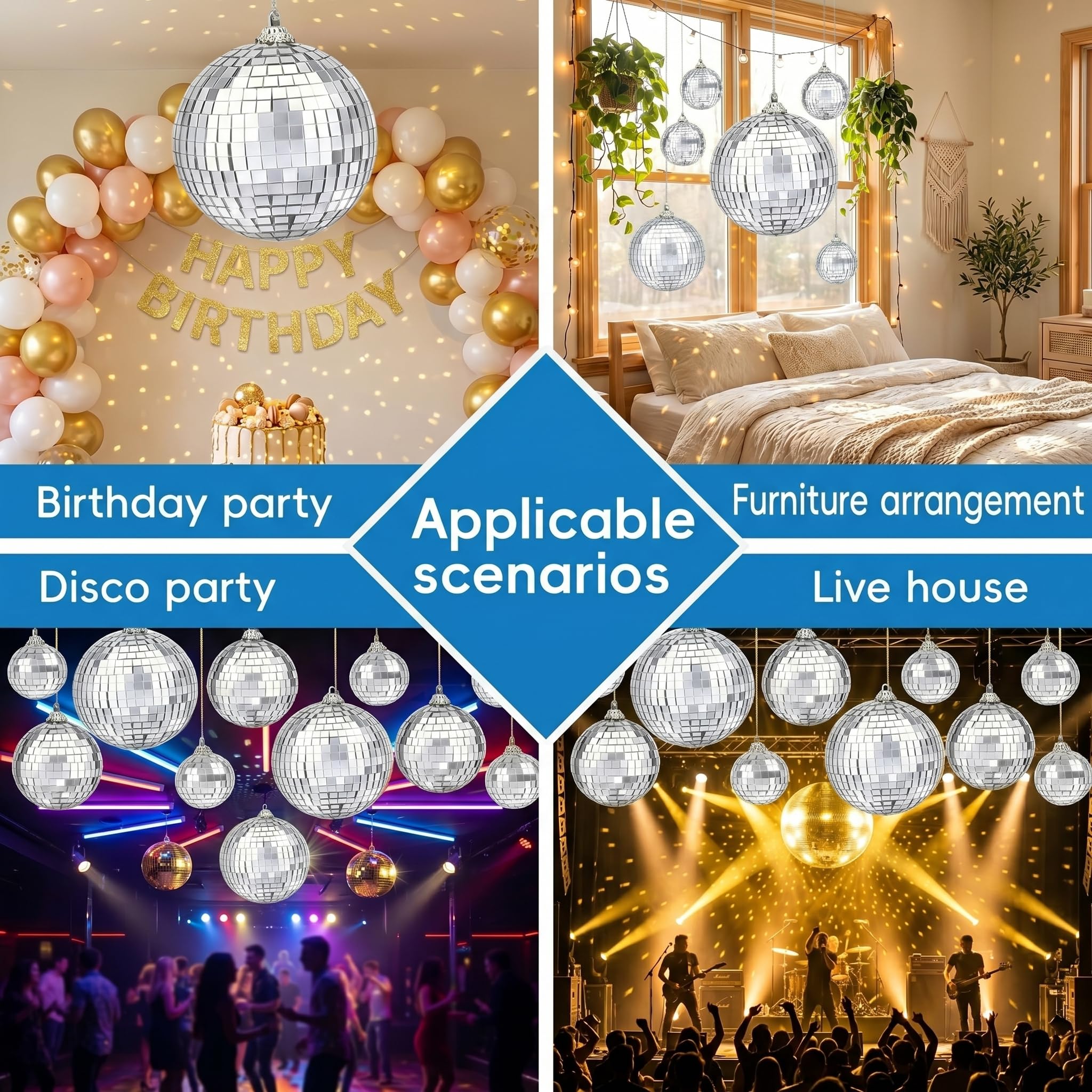17 Stück Discokugel Ball Silber Spiegelkugel Discokugel Deko Discokugeln zum Aufhängen Disco Ball Cake Toppers Spiegelkugeln für Weihnachtsbaum Hochzeit DJ Lichteffekt Geburtstagsfeier