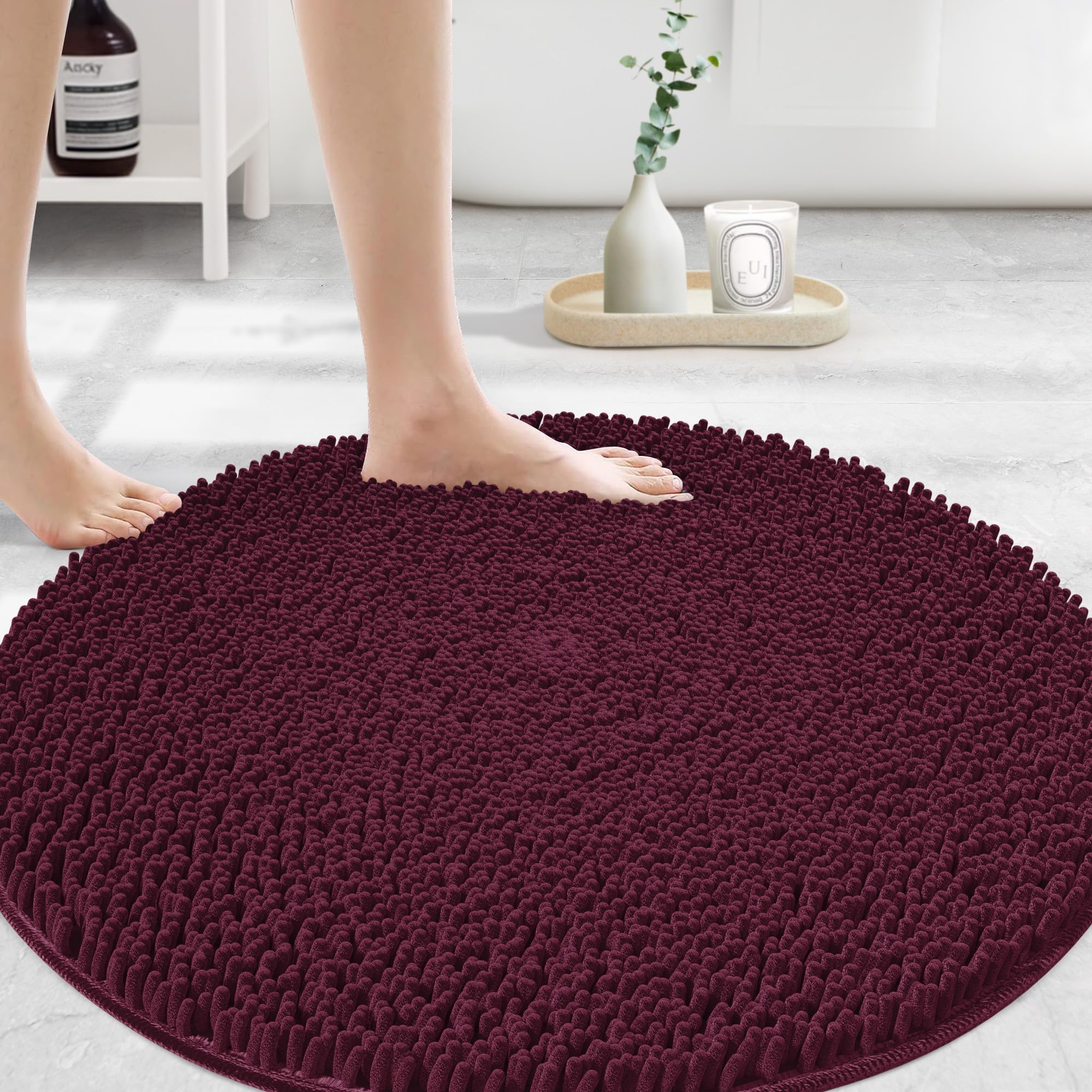 Large Round Area Rug Set for Bathroom 36"x36" Soft Plush Chenille Bath Mat, Water Absorbent Non-Slip Bathroom Rug | Washable Shag Carpet for Shower, Bedroom, or Home Décor | Burgundy